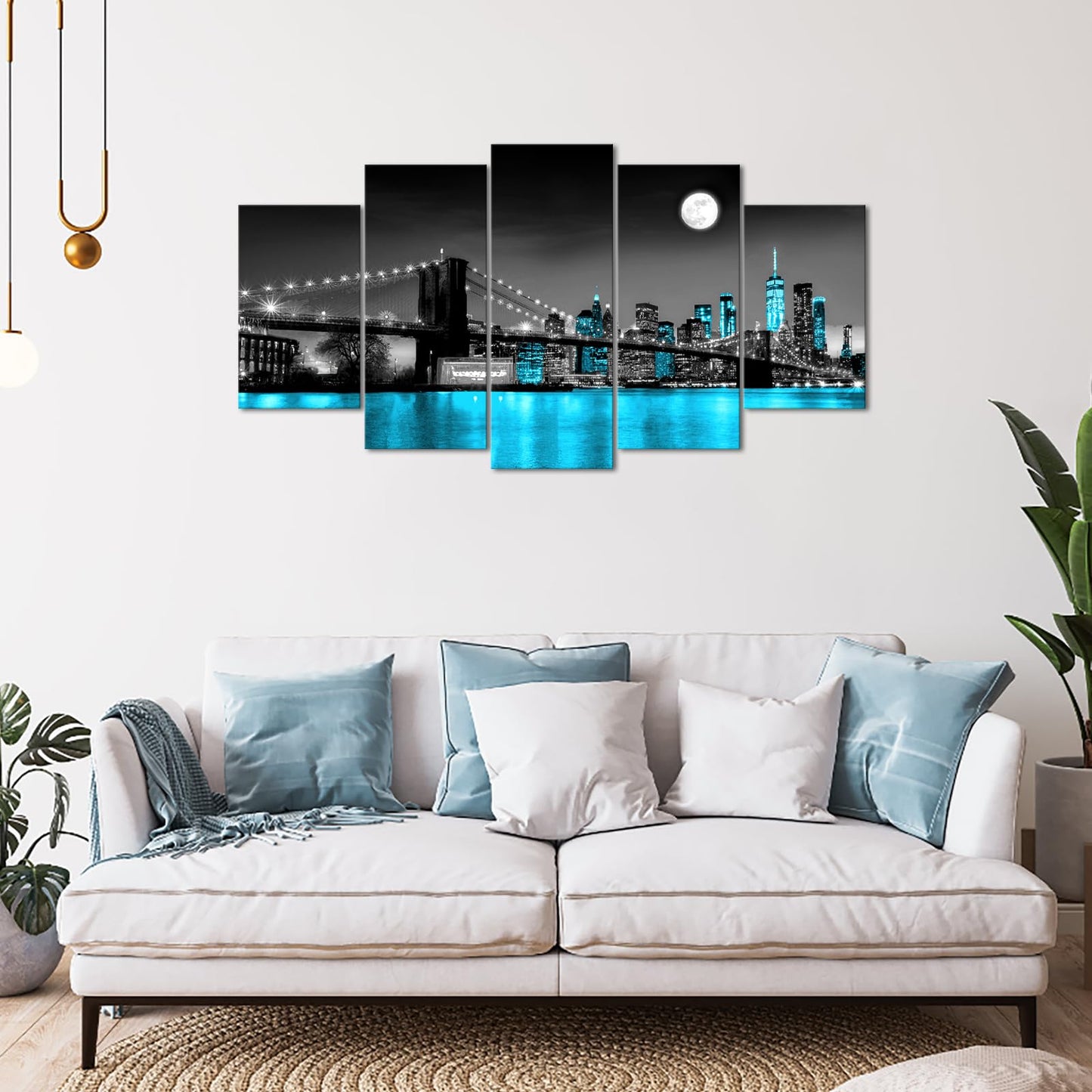 KLVOS 5 Panel Brooklyn Bridge Canvas Wall Art Modern New York City Picture Painting Blue Night View with Moon Decor for Home Ready to Hang