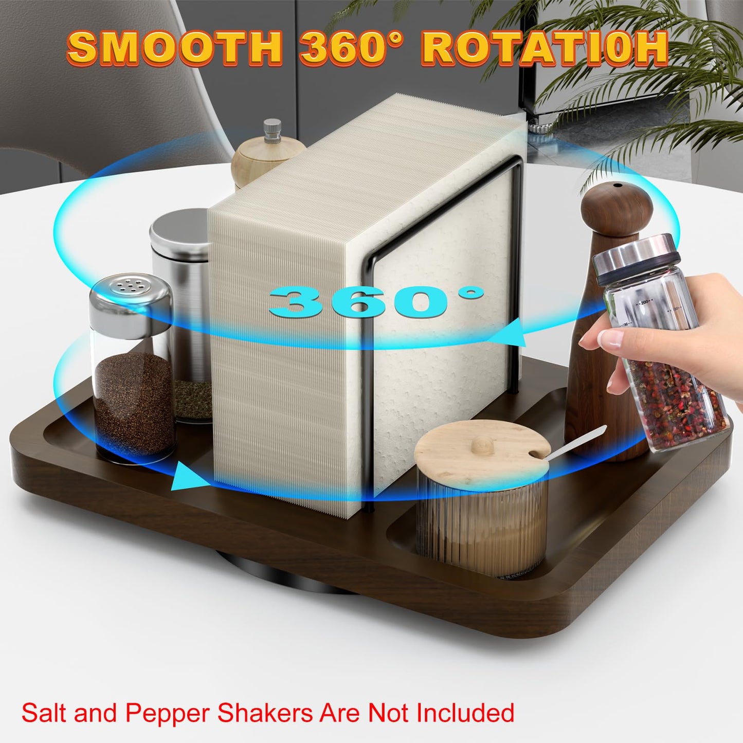 Gomyrod Napkin Holder for Table, Rotating Metal Napkin Dispenser with Salt and Pepper Shakers Caddy Standing Paper Towel Holder for Bathroom Kitchen Dining Table Decor Not Including Shakers