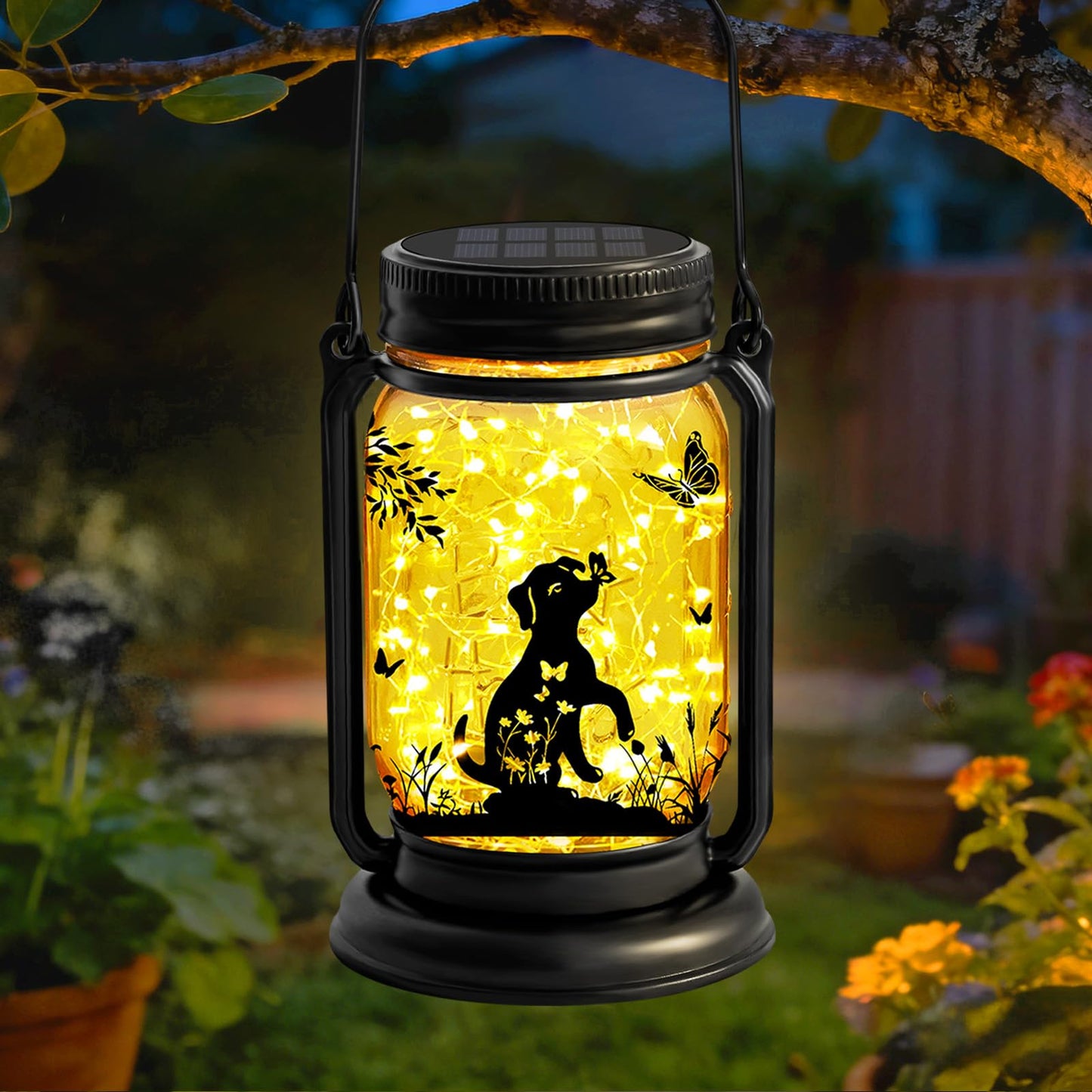 Dog Solar Lanterns, Outdoor Hanging 3in1 Solar Lantern with Stake, Mother's Day Birthday Gifts for Mom Women Grandma Dog Lover, Dog Butterfly Mason Jar Waterproof LED Lights for Yard Lawn Garden Decor