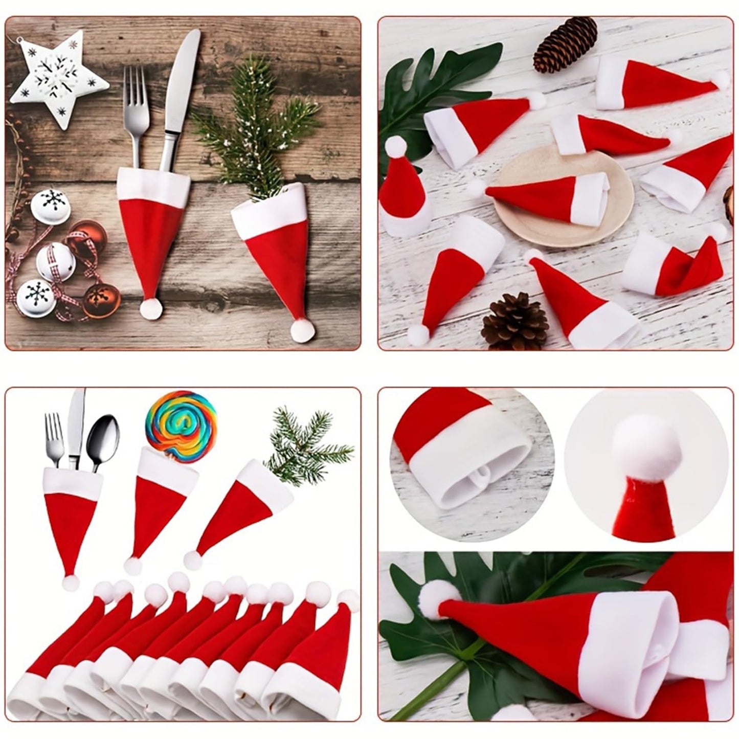 Tort-Mangou 30 Pcs Mini Santa Hats for Christmas Party, Table Dinner Decorations, Wine Bottle Covers and Silverware Holders - 2.36 x 4.72 Inch