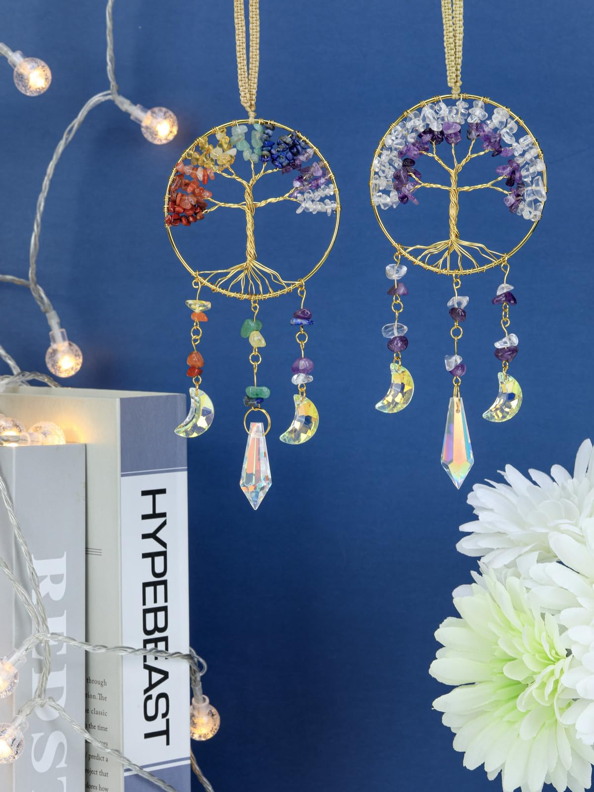 CrystalTears Chakra Crystal Tree Life Hanging Ornament Handmade 7 Chakra Healing Crystal Gemstone Glass Suncatcher for Home Window Wall Decoration Crystals Gifts for Women Men Friends