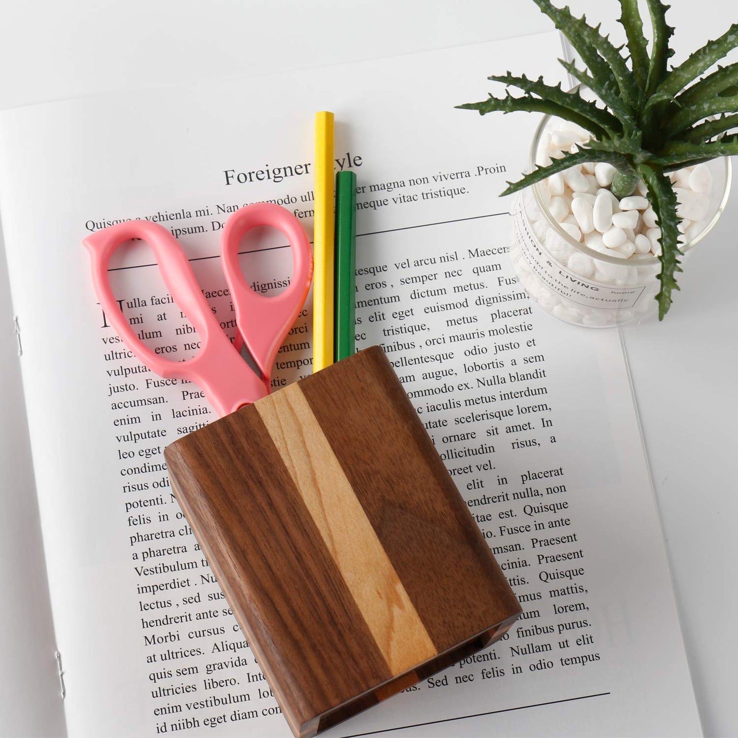 YOYAI Walnut Pencil Holder Wood Pen Holder For Desk Pen Cup Organizer Ofiice Pencil Stand Simple(Cherry center walnut side)