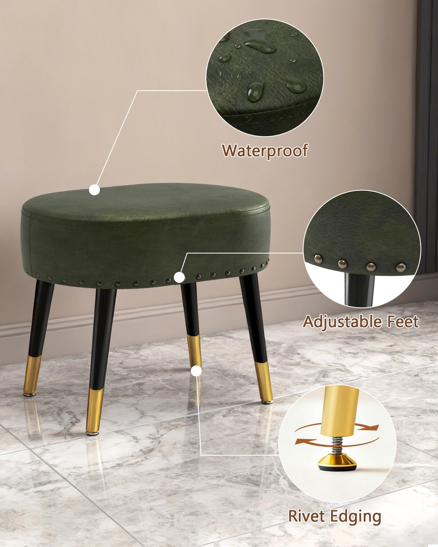 LITZFUR Vanity Stool Chair for Makeup, Pu Leather Oval Footrest, Vintage Rivet Ottoman Bench with Metal Legs, Dressing Stool for Batheroom, Living Room, Entryway, Green