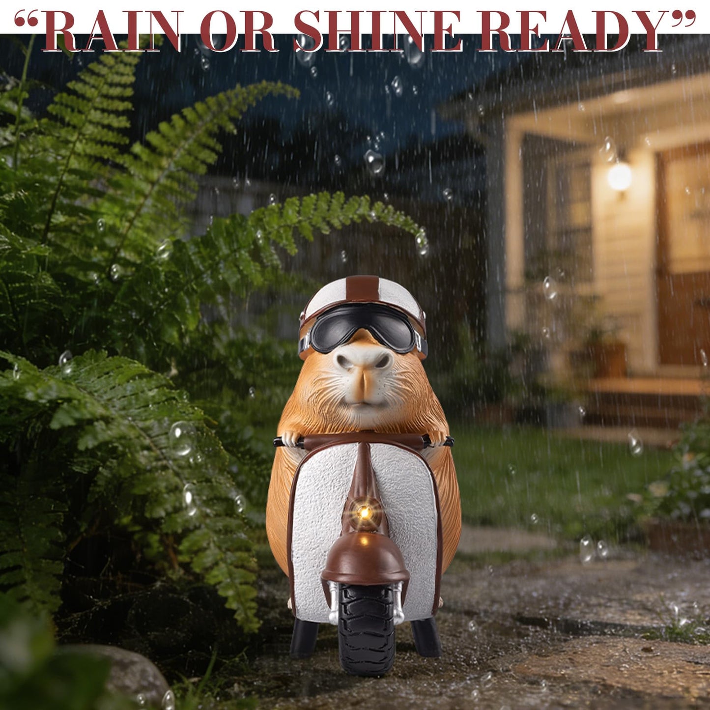 Capybara Solar Outdoor Figurine Light, Capybara Riding Motorcycle Garden Statue with LED Headlight, Waterproof Solar Powered Lawn Decor for Yard Patio Porch, 8.6” x 4.7” x 9.4”