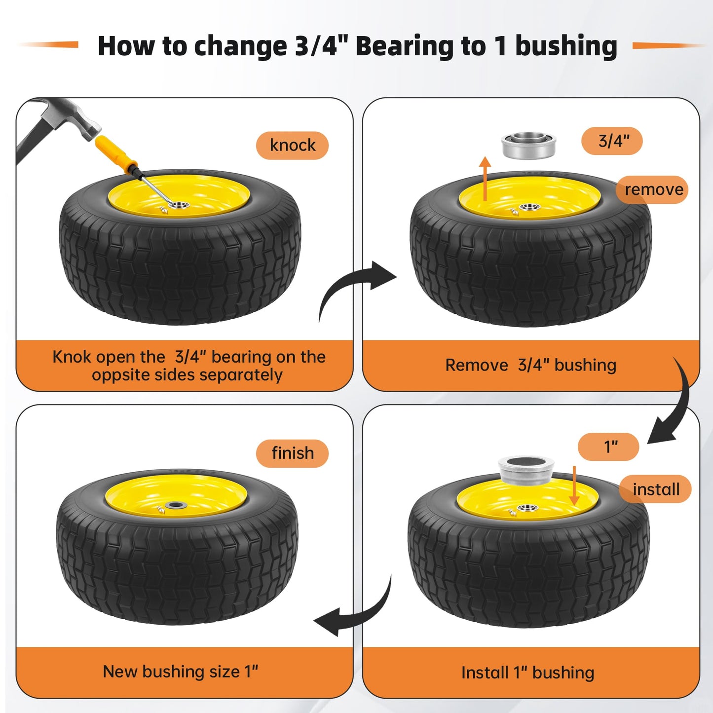 2PC 16x6.50-8 Flat Free Tire and Wheel,3/4" Bearings & Extra 1" Bushing,3" Offset Hub, Solid Riding lRLawn Mower Tires, 550lbs Load Capacity, Fit for Lawn Mowers, Riding Mowers and Lawn Tractors.