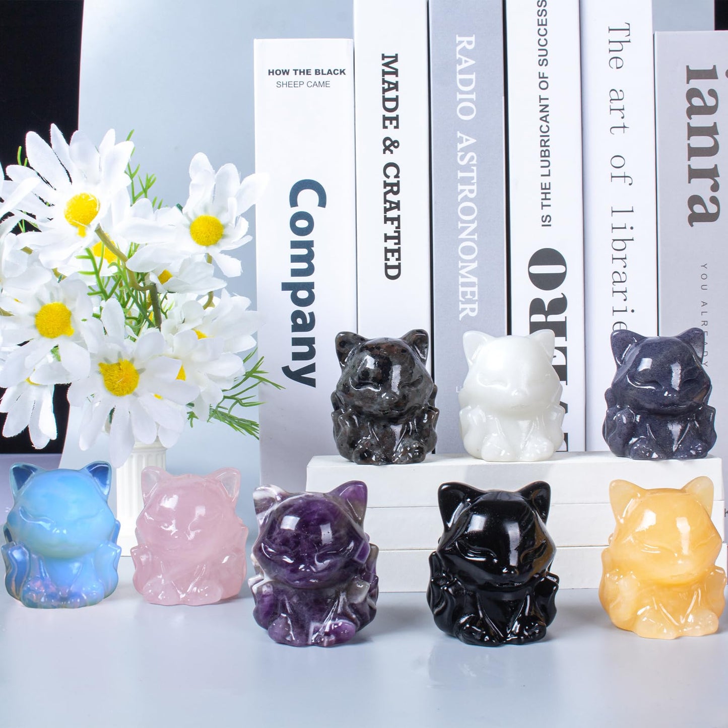 QLRSUXN Black Obsidian Nine Tailed Fox Decor,2 Inch Healing Crystals Fox Statue,Lucky Guardian Pocket Fox Figurines as Women’s Gifts,Fox Figurine for Office Home Decor and Ornament.