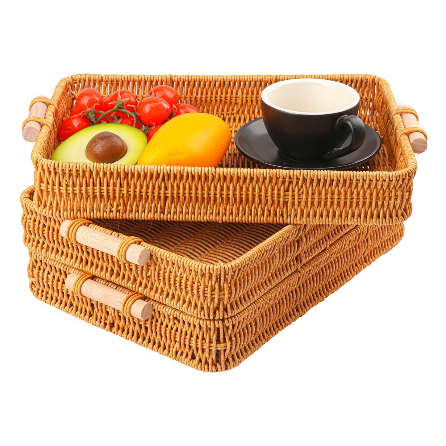 Geytetqi 3 Pack 13.8 x 9.8 inch Rectangle Rattan Tray, Rectangle Woven Serving Basket with Handles, Storage Rattan Serving Trays for Home, Restaurant & Hotel Use, Durable & Easy-Cleaning