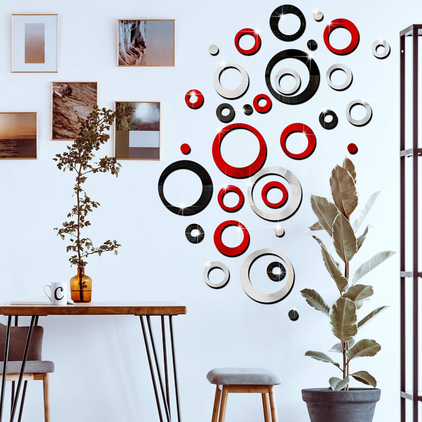 Outus 72 Pieces Wall Stickers Decor Acrylic Circle Mirror Removable Red and Black Wall Decor Round Dots Bulk DIY Red Living Room Decals Modern Art Murals for Home Bathroom Bedroom Decoration