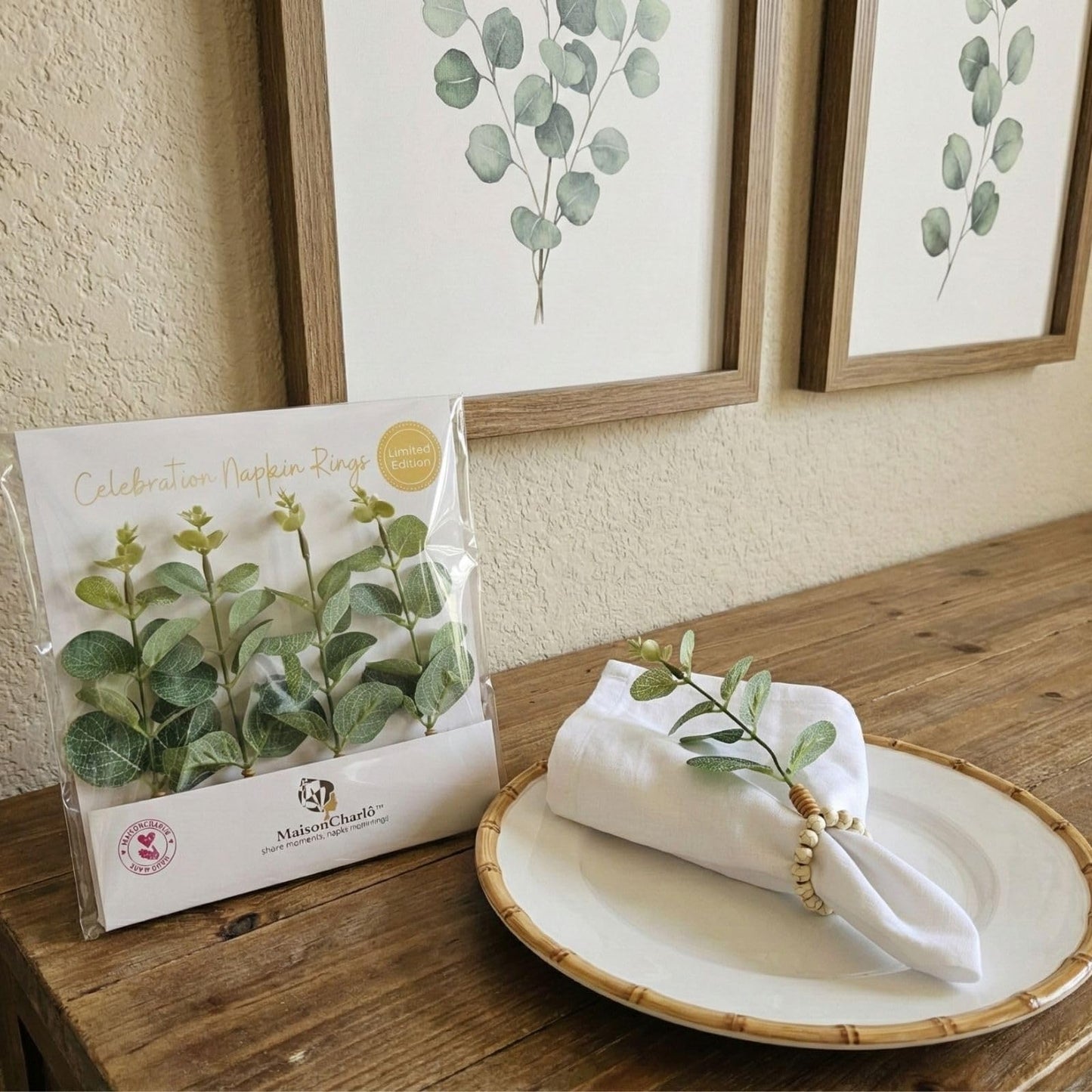Maison Charlo Eucalyptus Napkin Rings Set of 4, Handmade Green Leaf Napkin Ring Holders, Natural Table Decor for Dining, Wedding, Rustic & Modern Table Settings