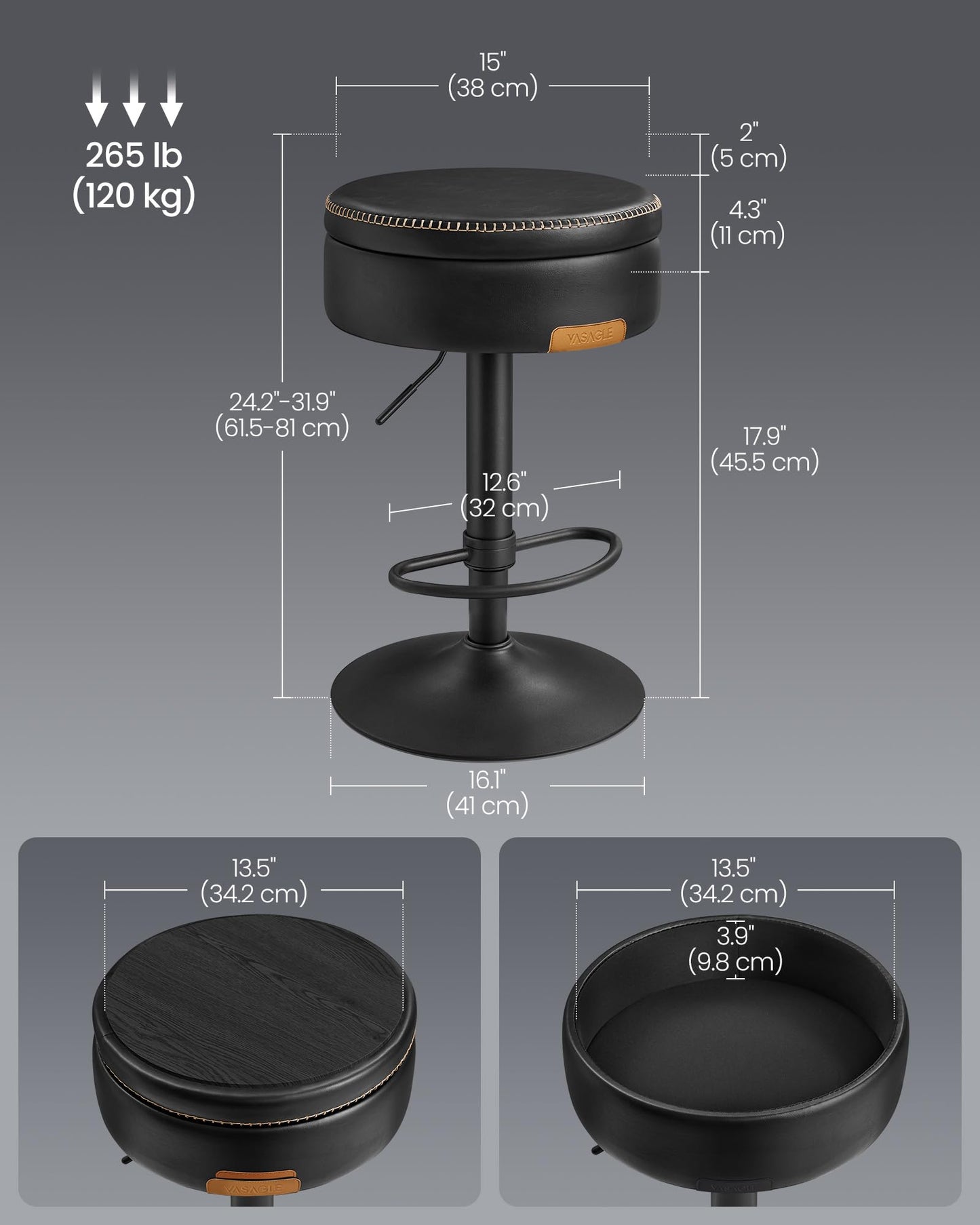 VASAGLE EKHO Collection - 360° Swivel Bar Stool, Height Adjustable Barstool with Storage, Synthetic Leather with Stitching, Mid-Century Modern, Kitchen Bar, Easy Assembly, Ink Black