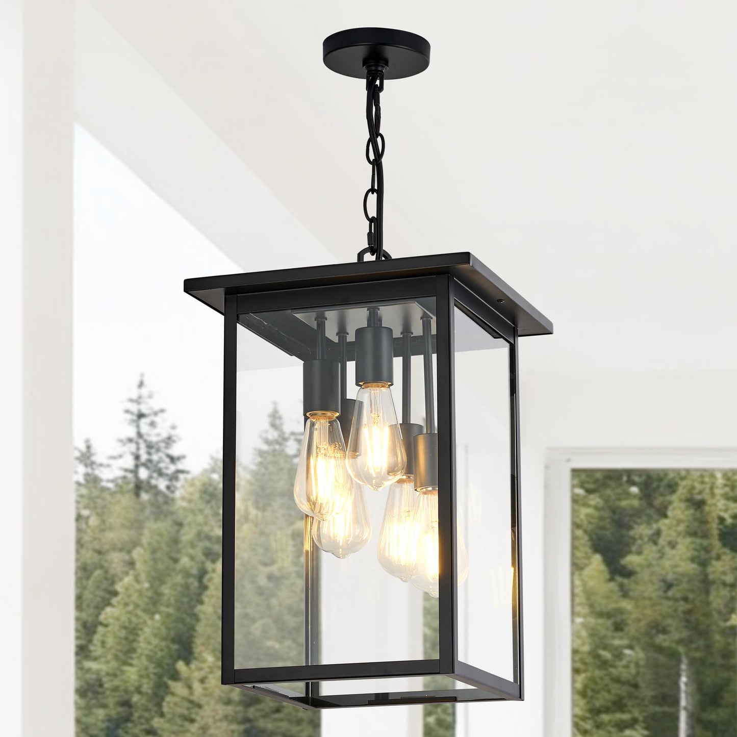 Modern Outdoor Pendant Light with Dual E26 Base Socket, Black Chandelier with Clear Glass Shade, Exterior Hanging Lantern for Front Porch Entrance Foyer Entryway