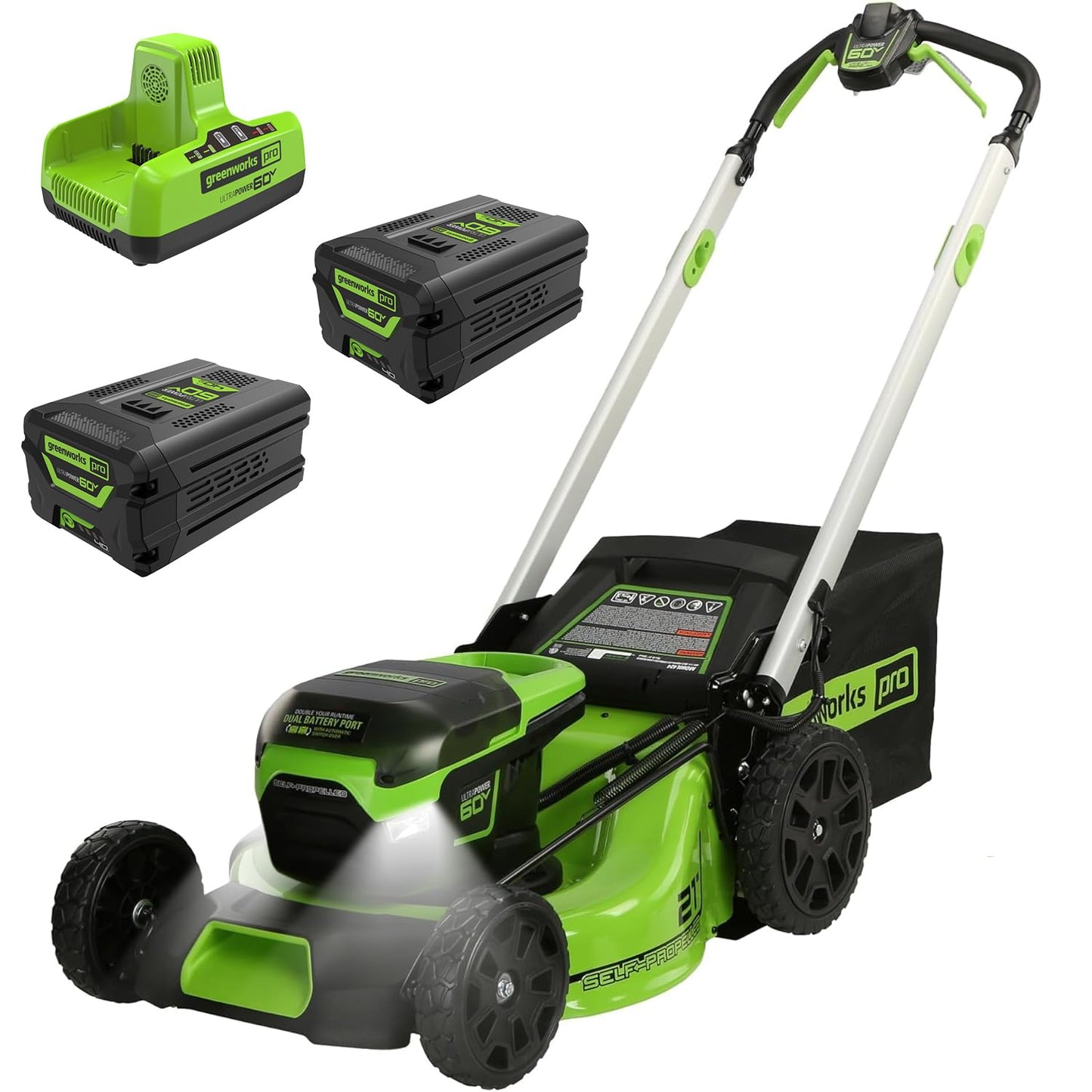 Greenworks 60V 21" Brushless (Self-Propelled) Cordless Lawn Mower, 2 x 4.0Ah Batteries (3/4 Acre, Rapid Charger, 4-in-1, LED Lights, IPX4)