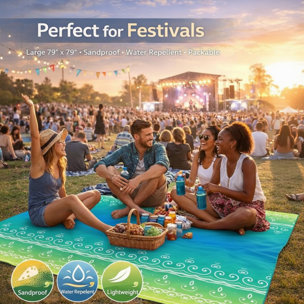 HZJOYUE Oversized Beach Blanket (79" x 79") - Sandproof & Waterproof Outdoor Picnic Mat for 4-7 Adults - Lightweight, Foldable & Portable Ground Cover for Travel, Camping, Festivals