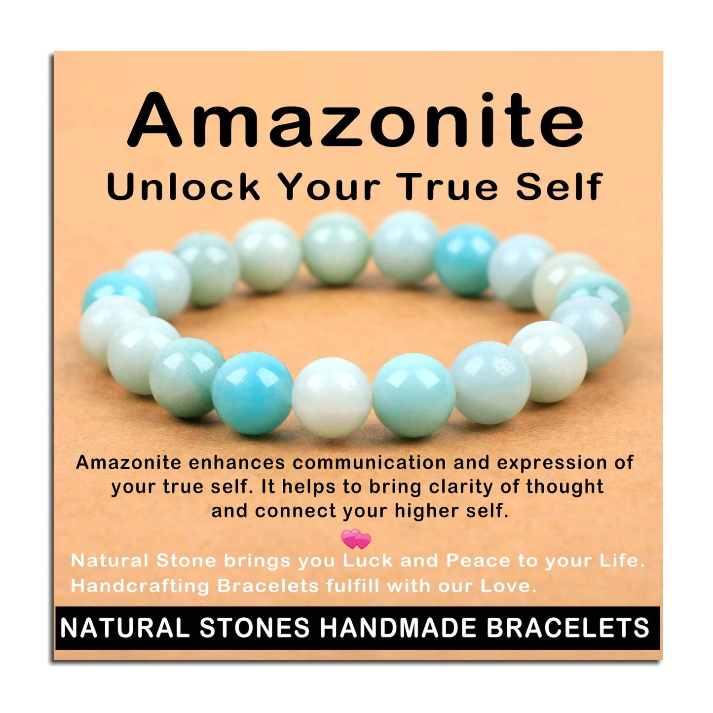 AD Beads Handmade Gemstone Stretch Elastic Bracelet Crystal Healing Reiki Nature's Beauty and Spiritual Essence Unisex (10mm, Amazonite (Unlock Your True Self))