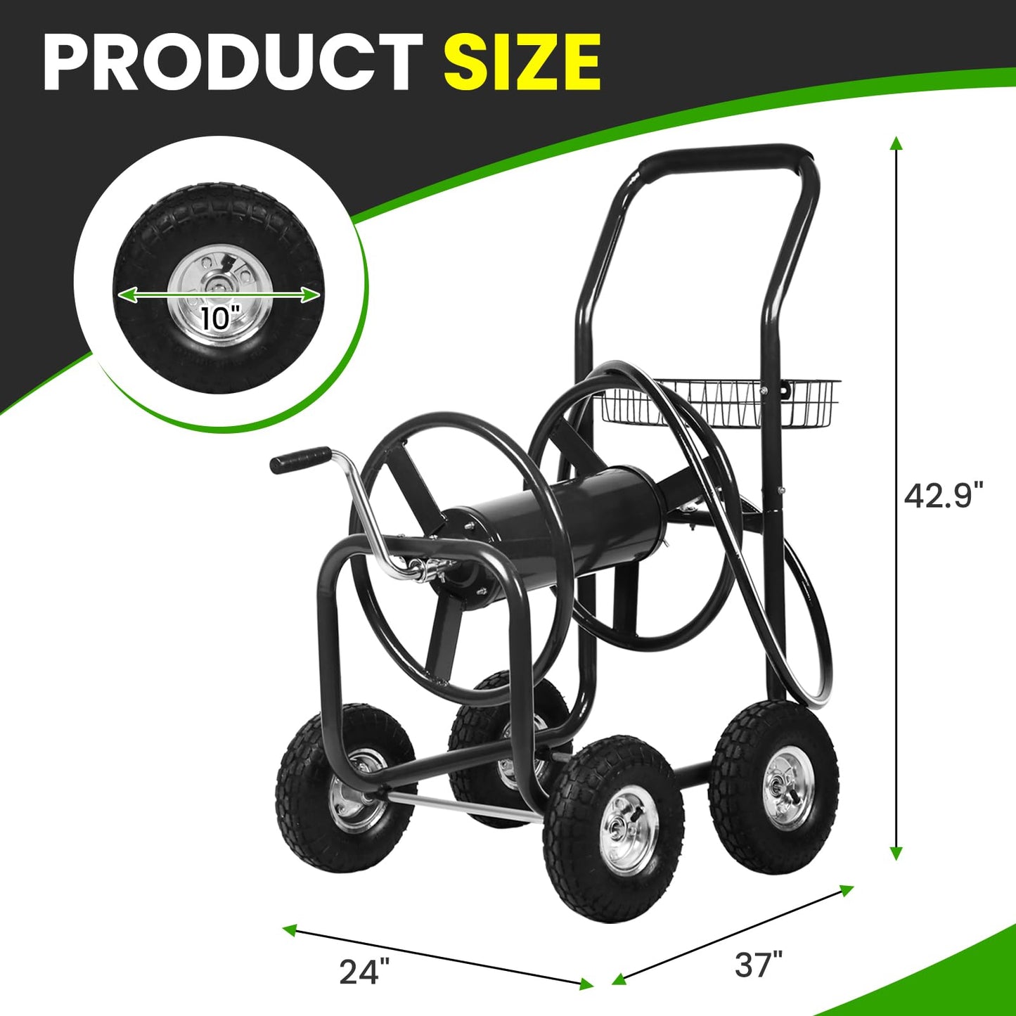 Pazidom Hose Reel Cart, Hold Up to 300 ft of 5/8’’ Hose, Heavy Duty Garden Water Cart with 4 Wheels, Powder-coated Steel Outdoor Planting with Storage Basket for Garden, Lawn, Yard, Black