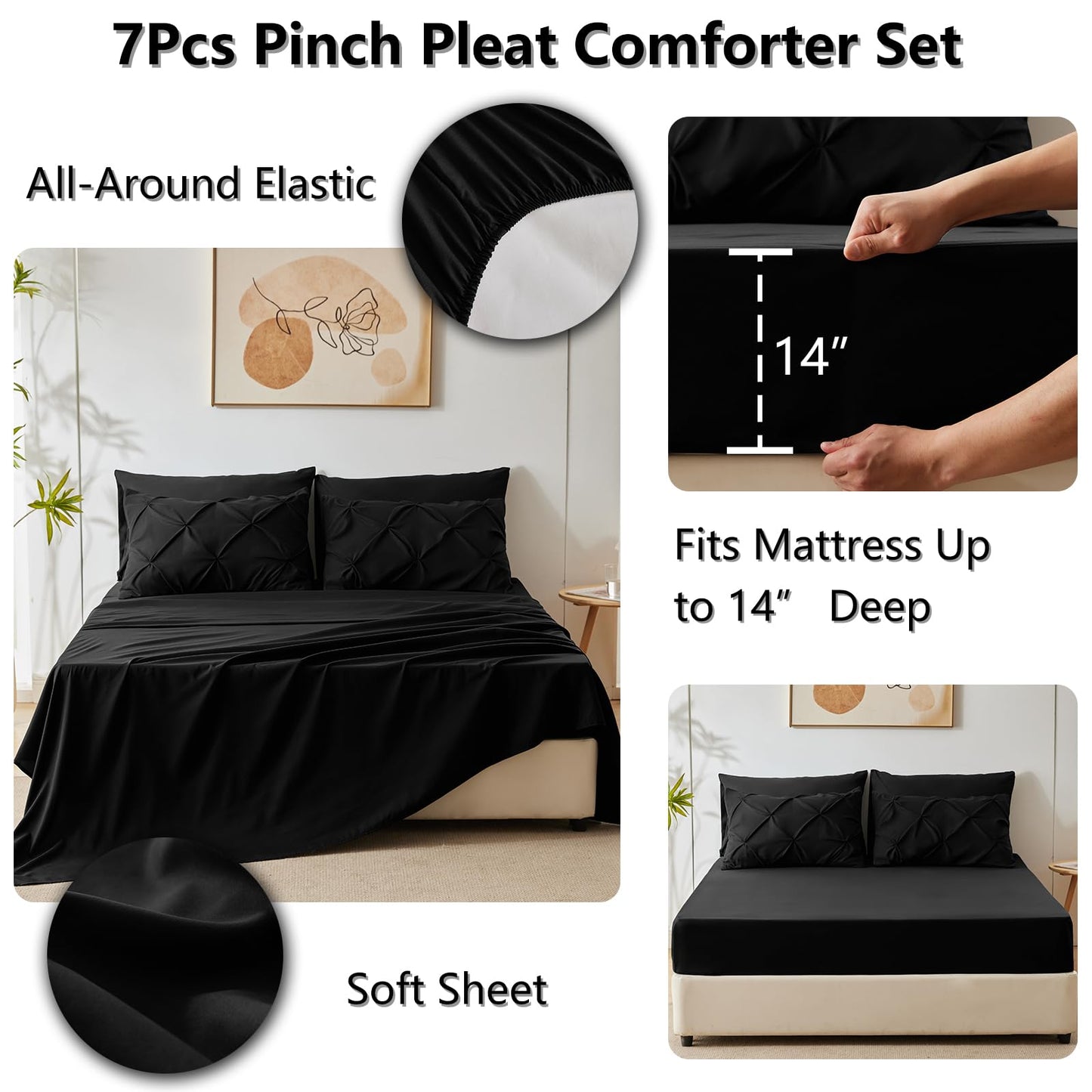 CozyLux Queen Comforter Set Black, 7 Pieces Pintuck Bed in A Bag, Premium Black Comforter Queen Size, Pinch Pleat Bedding Sets with Comforter, Sheets, Pillowcases & Shams