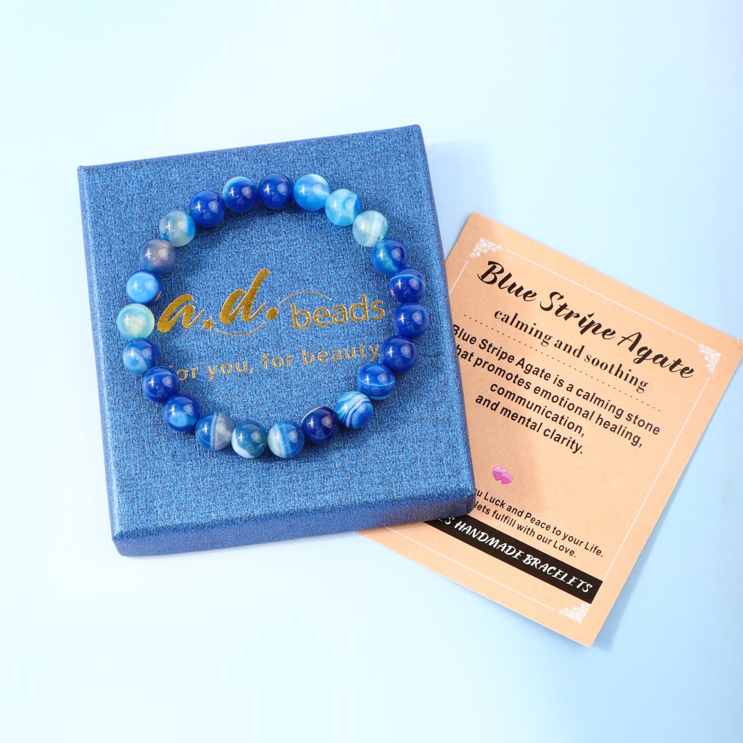 AD Beads 6mm Handmade Blue Stripe Agate Elastic Bracelet – Natural Gemstone for Calming and Soothing – Meditation, Yoga, Healing and Energy Gift for Men Women
