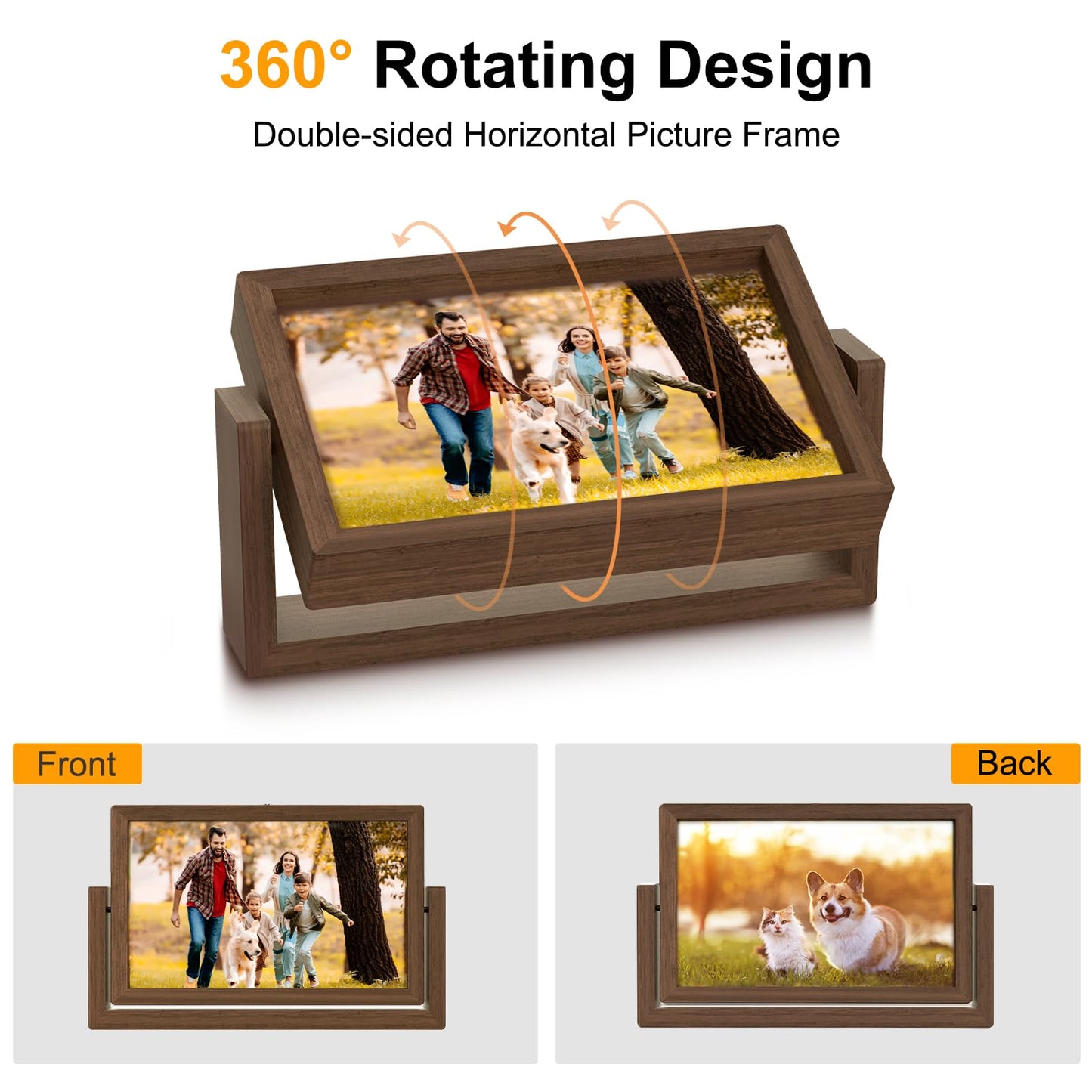 Mixoo 4x6 Picture Frame Rotating Photo Frame, Wooden Picture Frames 4x6 Horizontal Double sided Rustic Floating Frame for Desk Tabletop Family Office Wedding