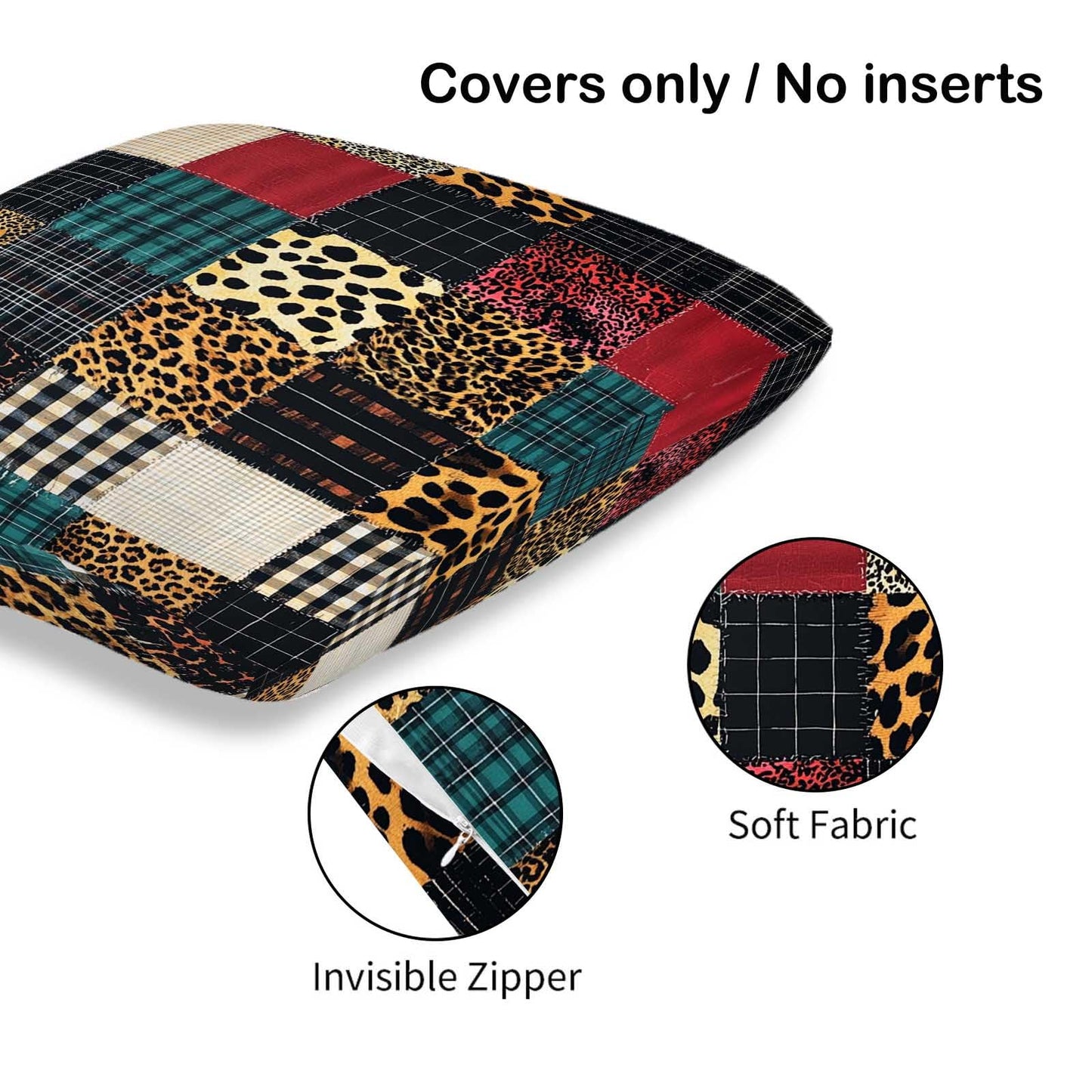 ZibZorp Patchwork Plaid Leopard Pillow Covers 18x18 Set of 2 | Rustic Decorative Cushion Cases | Mixed Pattern Pillowcases | Eclectic Throw Covers for Sofa Living Room Bedroom Decor