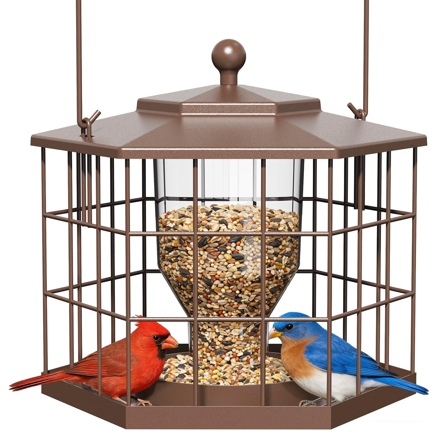 Birdream Squirrel Proof Bird Feeders for Outdoor Hanging, Metal Cage Bird Feeder with Rain Proof Covered for Wildbirds Bluebird Finches, Brown