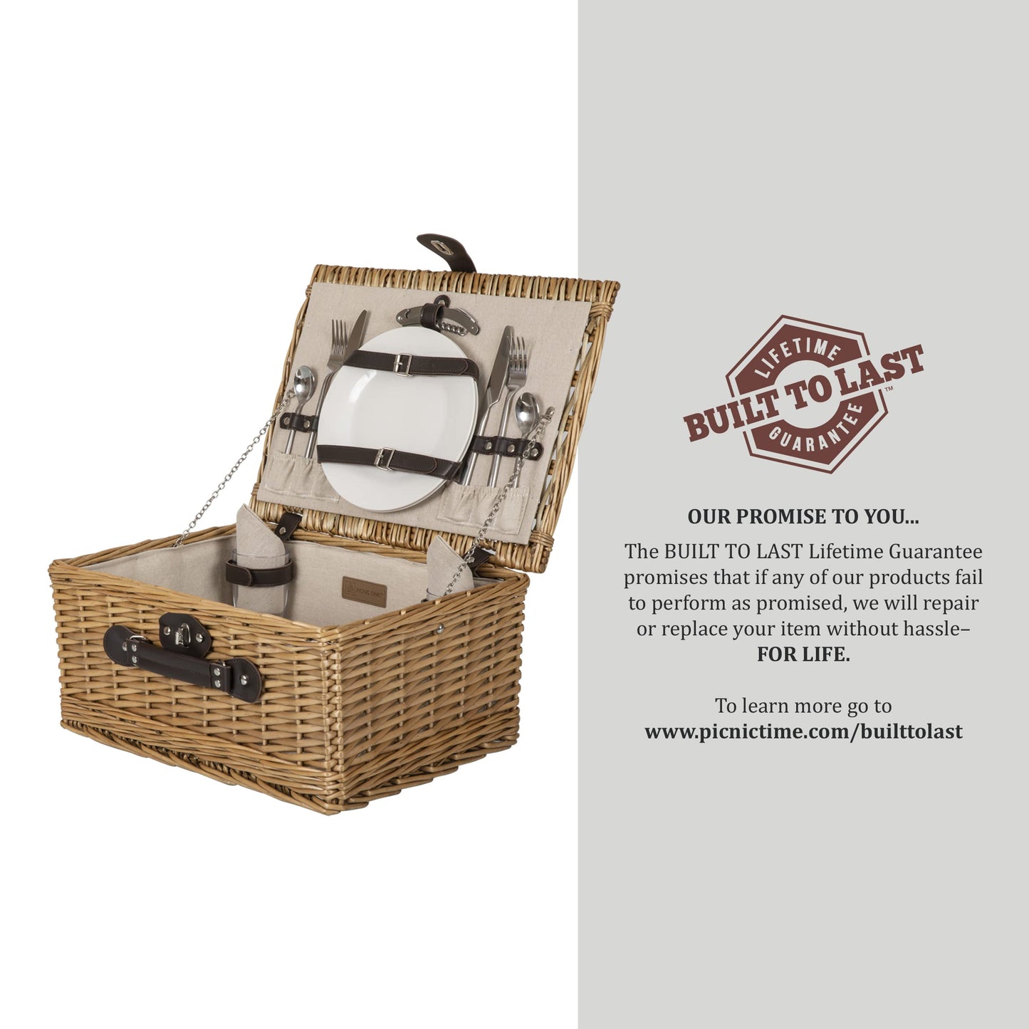 PICNIC TIME Classic Picnic Basket for 2, Romantic English-Style Wooden Wicker Basket with Deluxe Service for 2, Fully-Lined Interior, Leatherette Lid-Locking Buckle, and Carry Handle, (Beige Canvas)