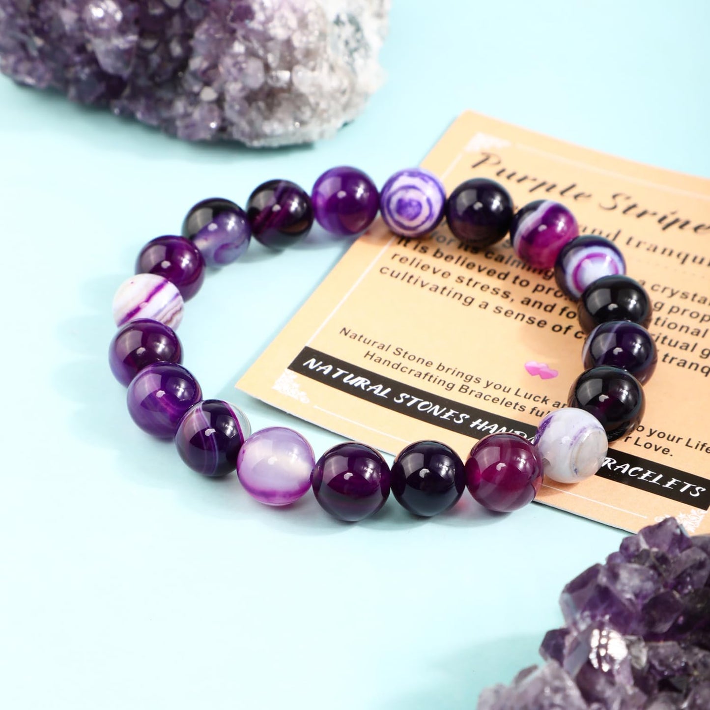 AD Beads 8mm Handmade Purple Stripe Agate Elastic Bracelet – Natural Gemstone for Peace and Tranquility – Meditation, Yoga, Healing and Energy Gift for Men Women