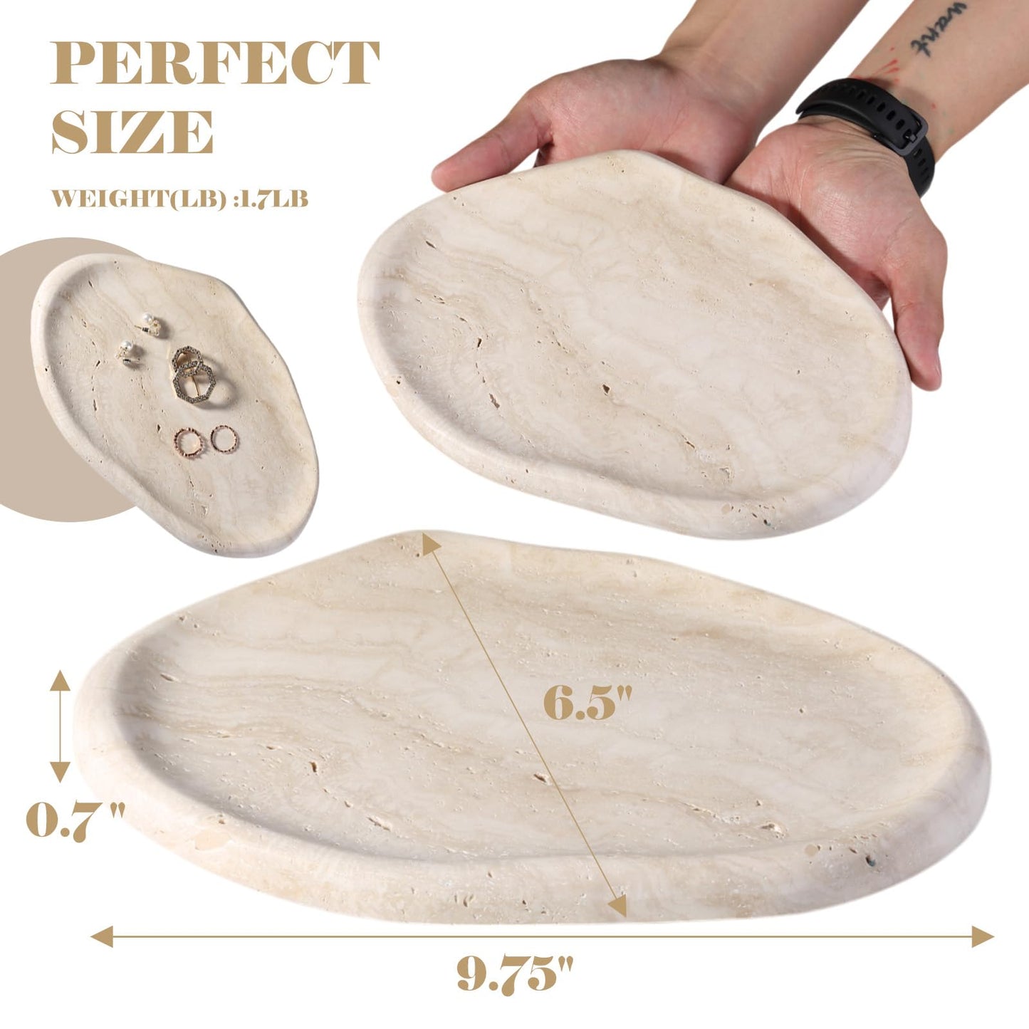 BCS Marble Jewelry Tray Trinket Dish, Decorative Cloud Vanity Key Tray for Women, Perfume Ring Holder Dish for Ring Earring, Cute Jewelry Plate Bowl Aesthetic Room Decor（Beige Travertine）