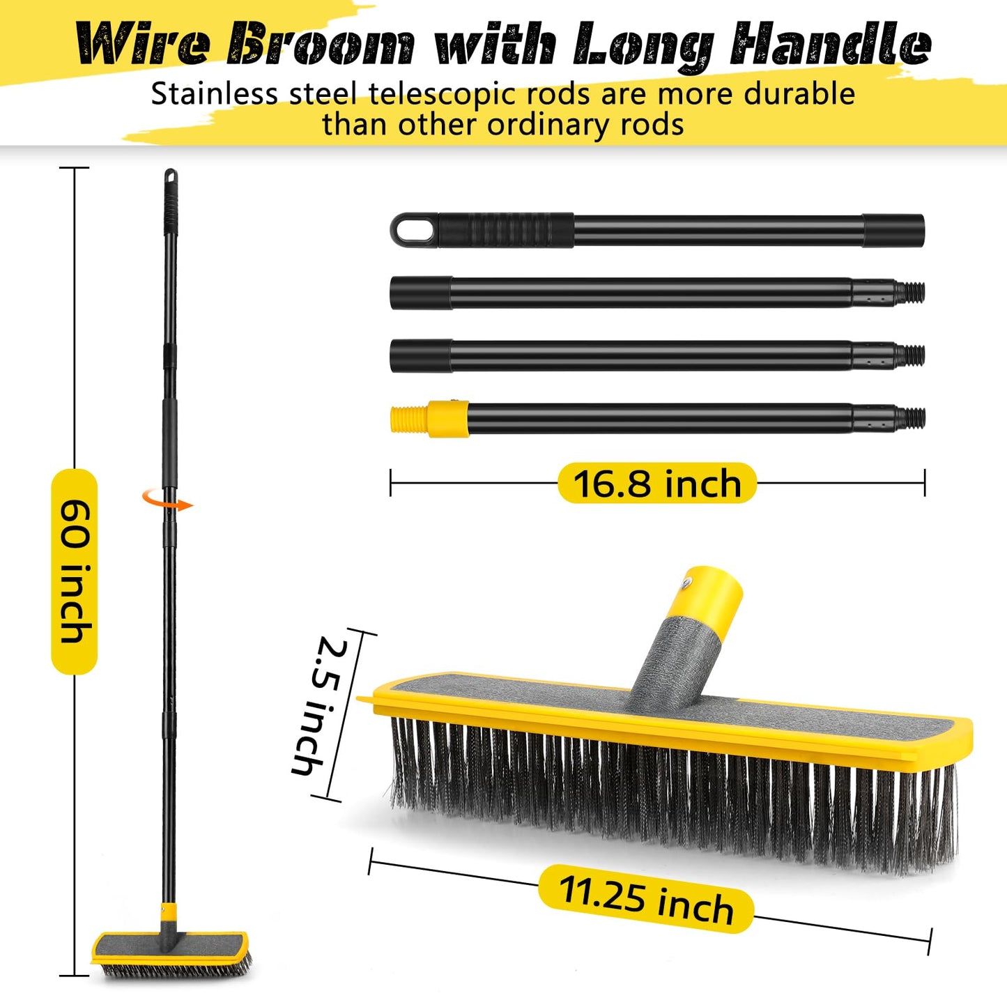 Heavy Duty Broom Wire Floor Scrub Brush with Long Handle, 2 in 1 Scrape and Stainless Steel Bristle Brooms Scrubber for Deck Concrete Patio Outdoor Moss Removal