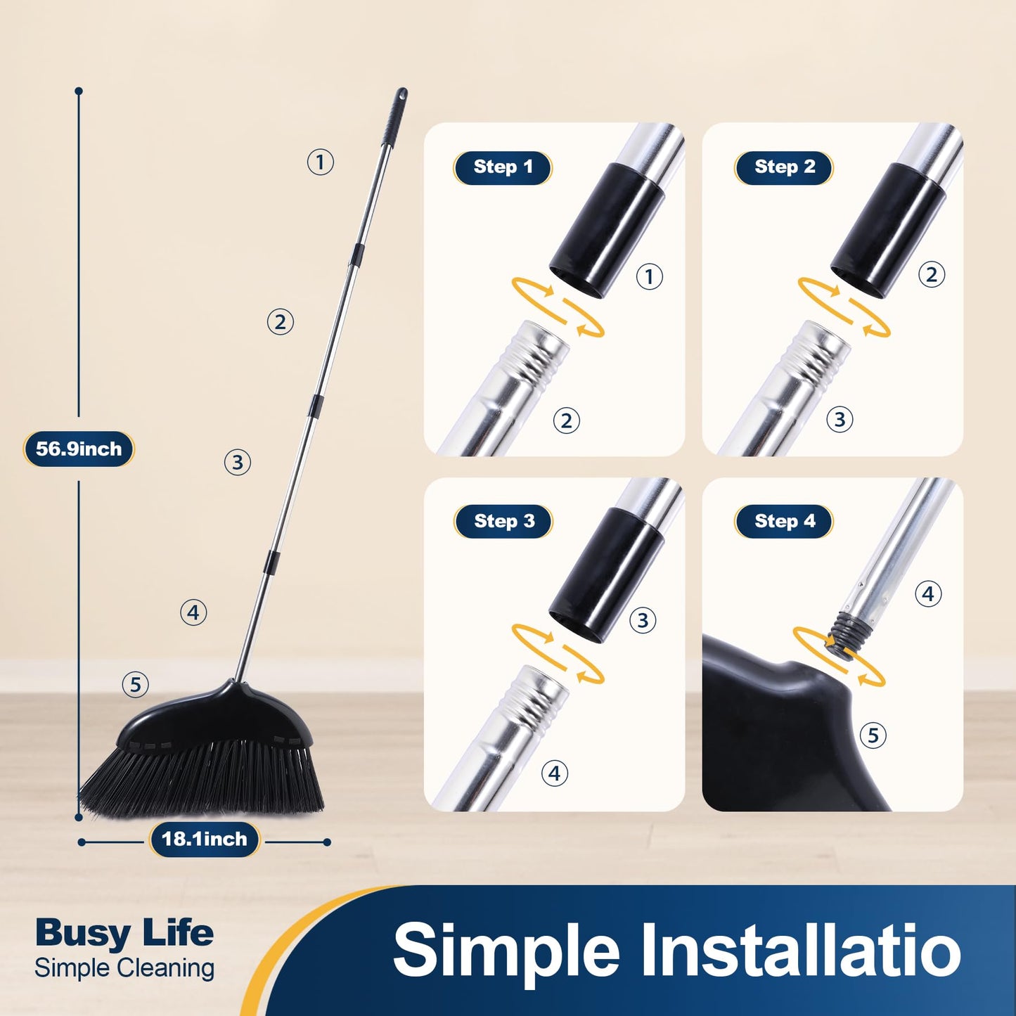 Yocada Heavy Duty Broom Outdoor&Indoor Broom Commercial for Courtyard Garage Lobby Mall Market Floor Home Kitchen Room Office Pet Hair Rubbish 56.9Inch Black
