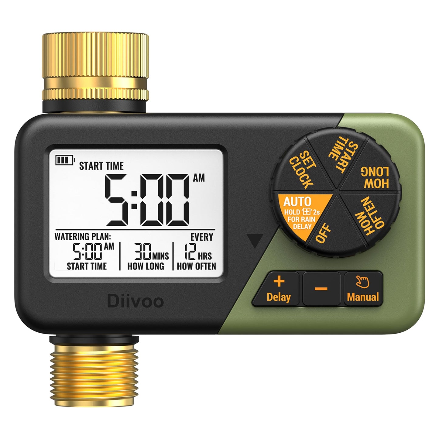Diivoo Brass Sprinkler Timer, IP66 Waterproof Programmable Hose Timers for Watering with Large Display, Rain Delay & Manual Mode for Outdoor Automatic Irrigation of Garden, Lawn, Yard