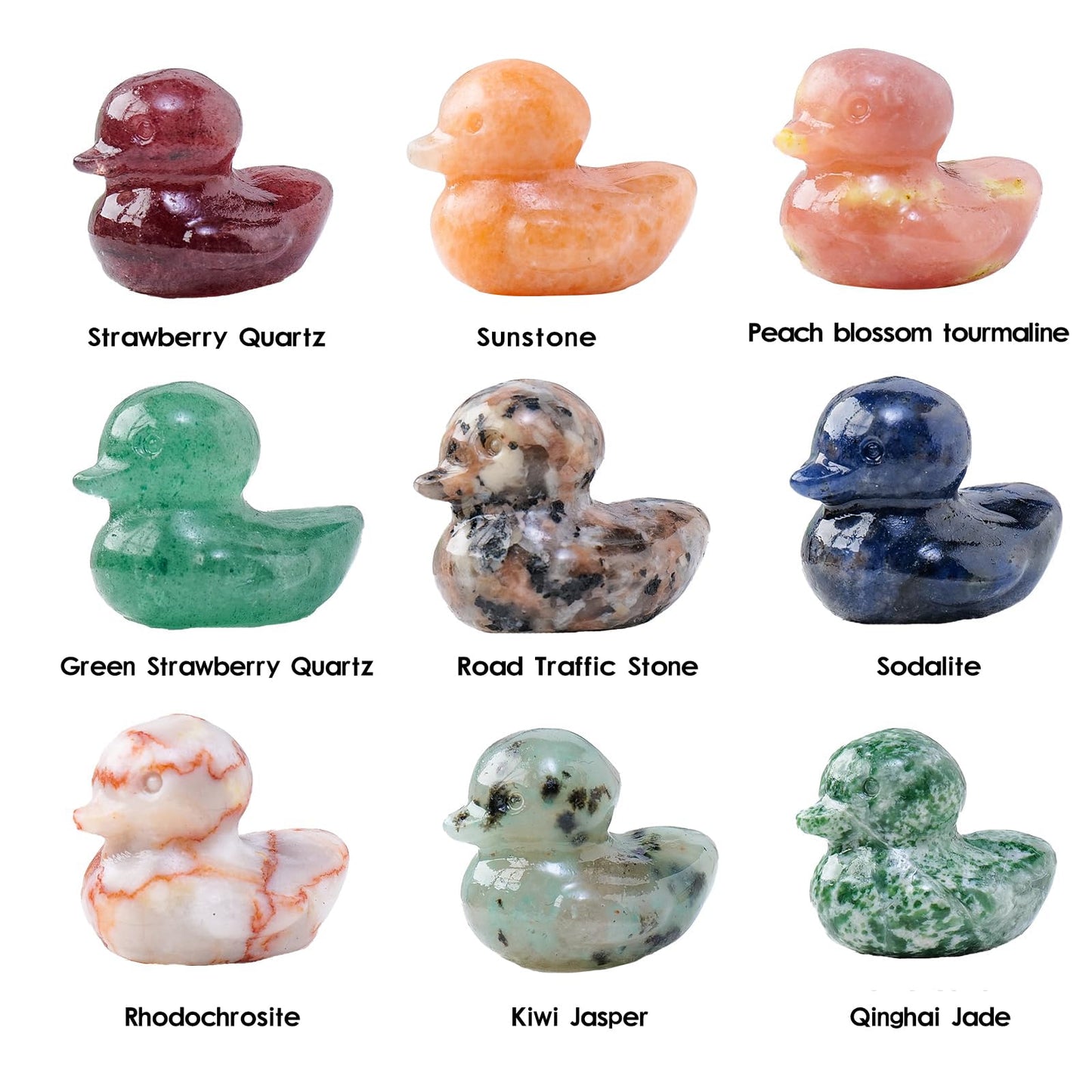 Runyangshi 9PCS Duck Figurine Statue Natural Crystal Mix Duck 1.18" Sunstone Healing Crystal Stone Hand Carved Lucky Duckling Sculpture Home Desk Office Decoration Duck Lover Gift