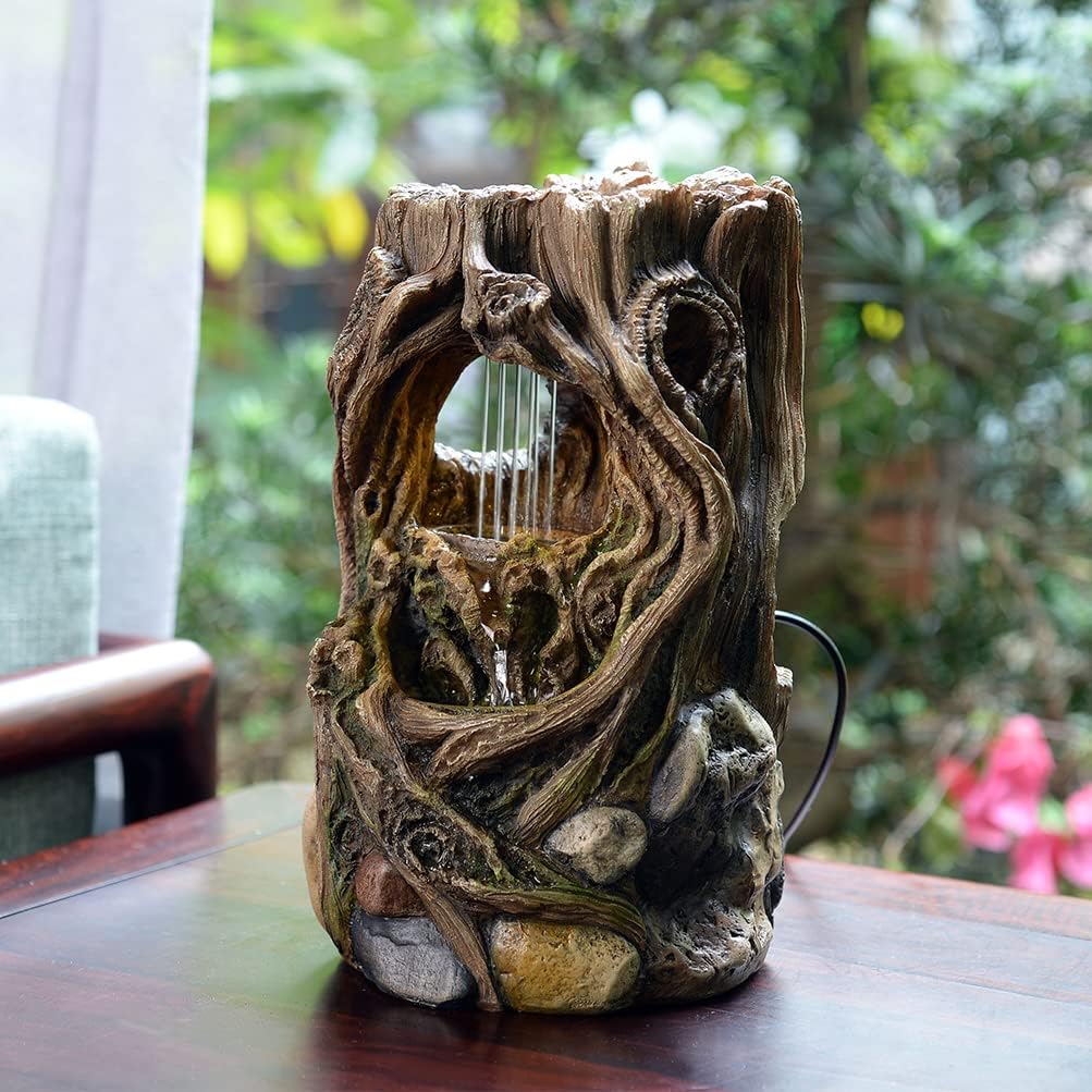 Kalona Tabletop Fountains Beautiful Stump Water Fountain Relaxation Raindrop Fountains Meditation Desk Fountain Artistic Waterfall Fountains Home/Office Decor(22013)