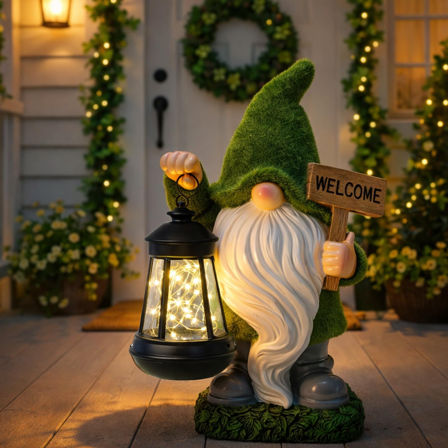halp·ssfm St Patrick’s Day Green Garden Gnome Statue with Solar Lantern Welcome Sign Outdoor Decor for Porch Lawn Patio Yard Holiday Decorations Housewarming Gifts for Women