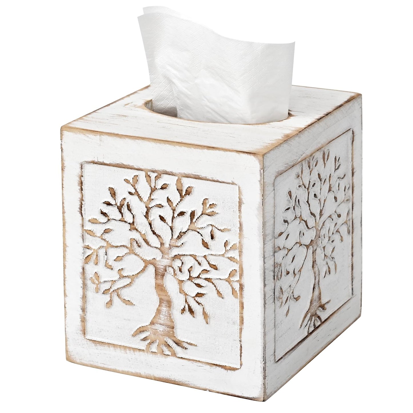 SwallowLiving Wooden Tissue Box Cover Square - Weighted Farmhouse Facial Tissue Holder with Sliding Bottom - Distressed White Tree of Life Dispenser for Bathroom Vanity, Bedroom & Living Room Decor
