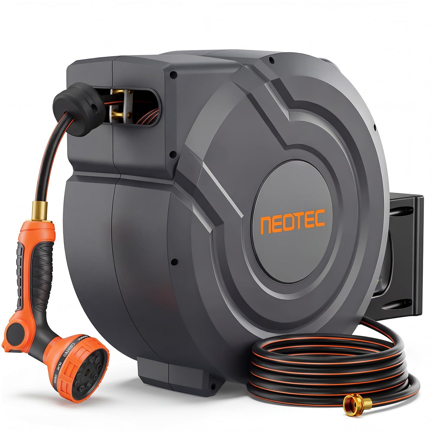 Upgraded Retractable Garden Hose Reel 1/2" x 130 ft Any Length Lock 9 Pattern Nozzle Wall-Mounted Automatic Slow Return 180° Swivel UV Resistant Heavy Duty Hose Reels for Outside