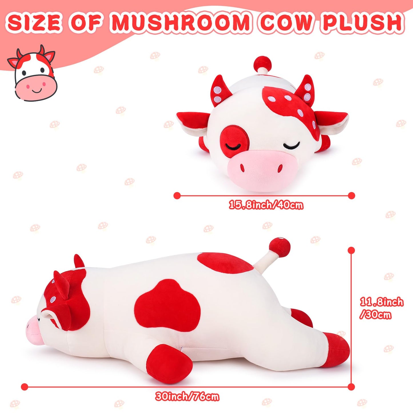 Auspicious beginning 30'' Giant Mushroom Cow Plush Stuffed Animal-Cute Mushroom Cow Plush Body Pillow Plushies, Large Sleeping Cow Stuffed Animal Big Plushie Toy, Birthday Gifts for Kids Girls Boys