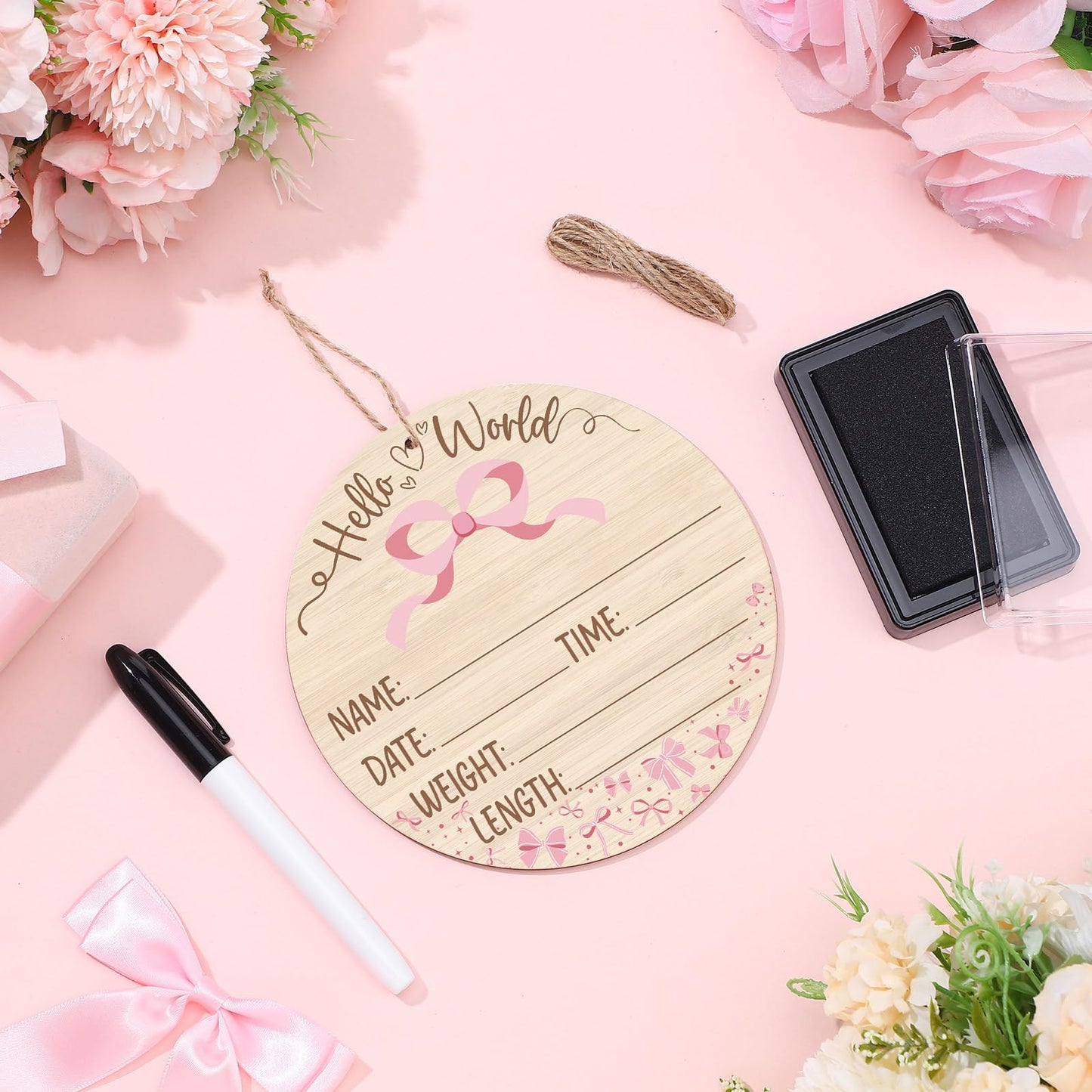Thyle Baby Announcement Wooden Name Sign for Hospital Birth Double Sided Newborn Welcome Sign with Marker Pen and Ink Pad for Baby Shower Hand Footprints (Pink Bow)
