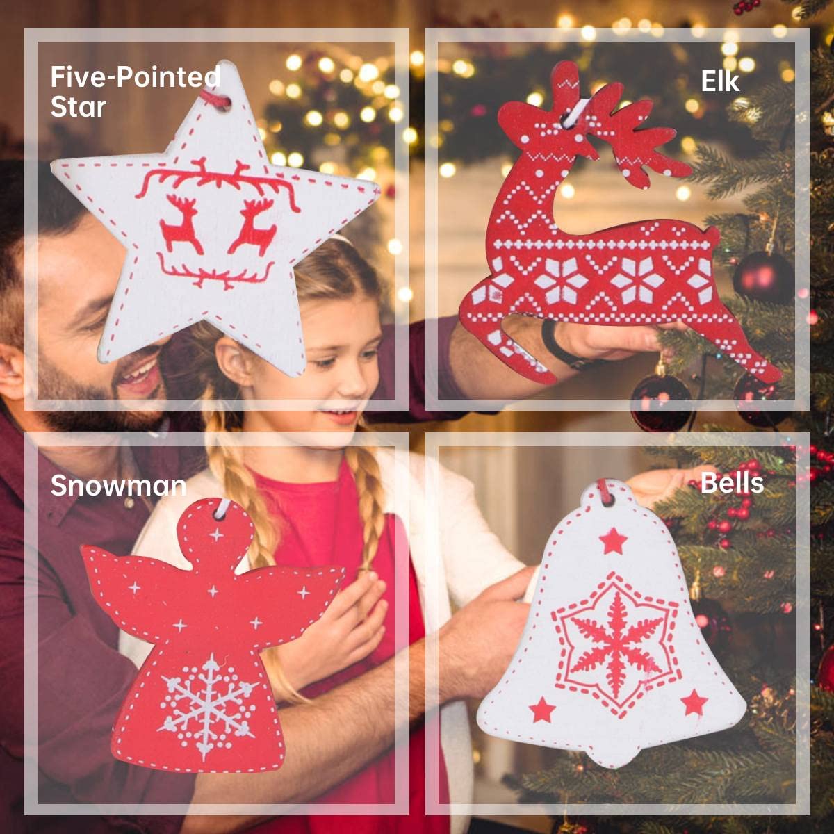 Yosoo 12pcs Christmas Tree Hanging Pendant, Wooden Christmas Decoration with Ropes, Multi Color, Traditional with Whimsical Motifs