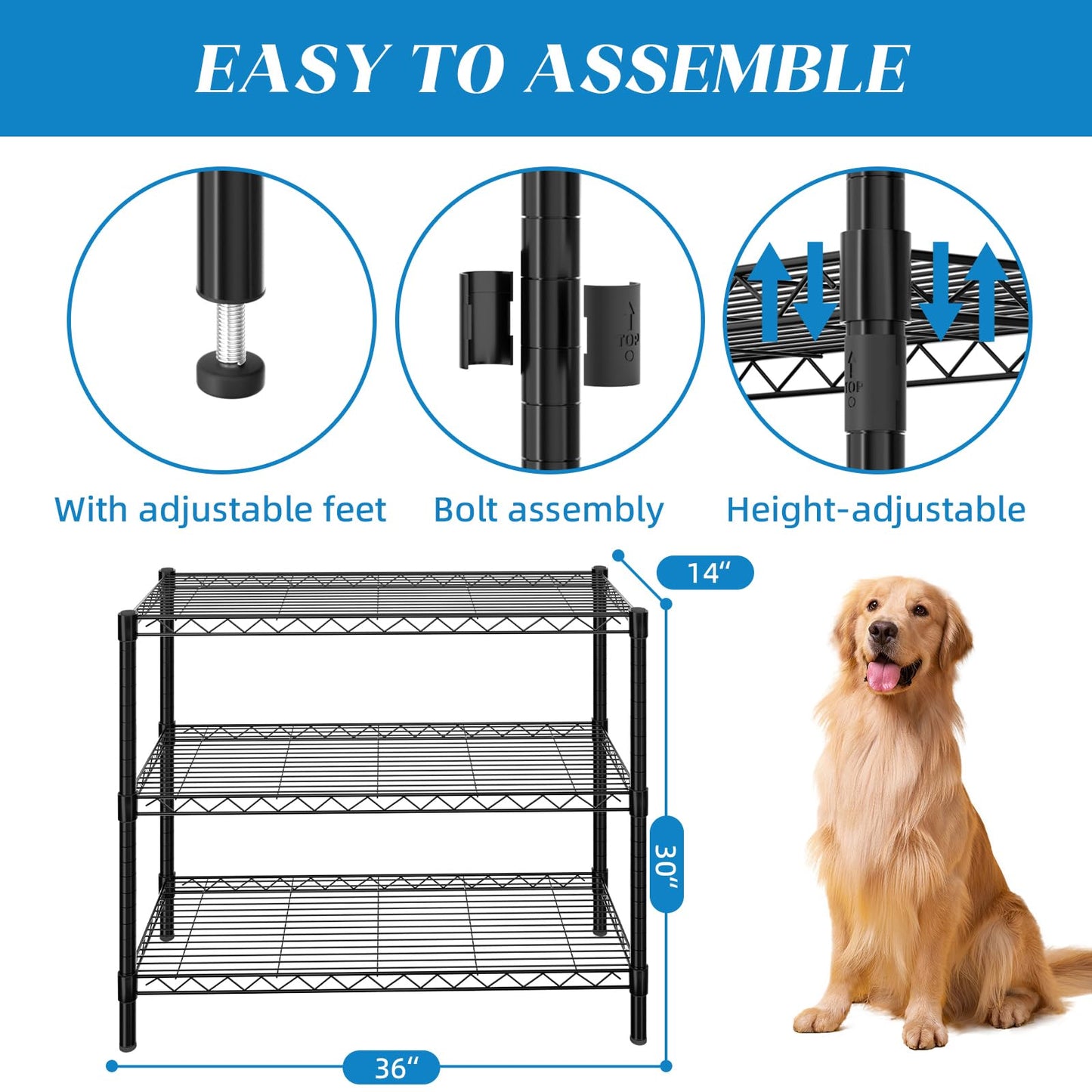 Guan River 3-Shelf Adjustable Metal Shelf Wire Shelving Unit Storage Rack Display Shelf for Office,Kitchen,Bedroom,Bathroom,Laundry,Pantry Basement,Garage(Black,36" L x 14" W x 30" H)