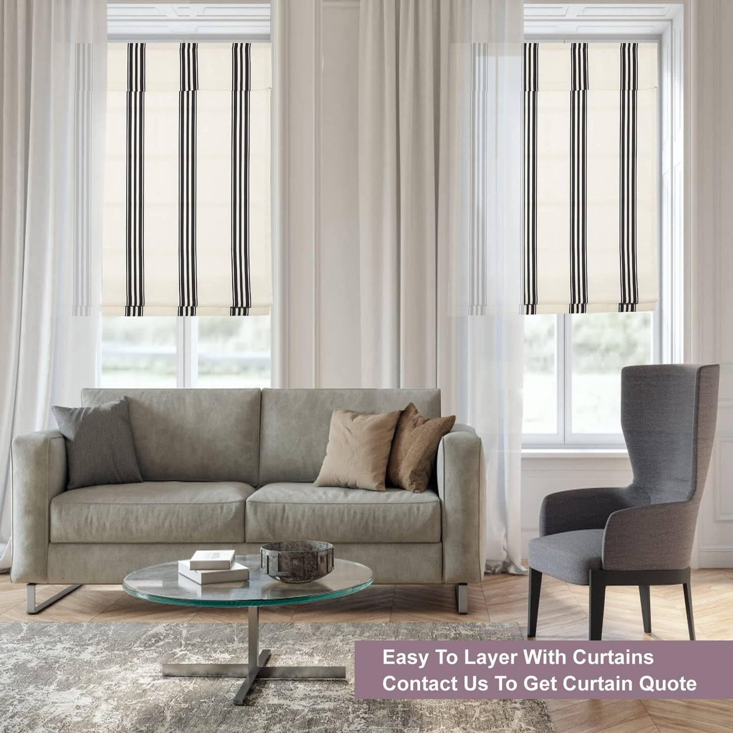 Cordless Roman Shades, Black Stripe Premium Blackout Roman Window Shades, Custom Washable Fabric Roman Shades for Windows, Doors, French Doors, Kitchen Windows (1 Piece)
