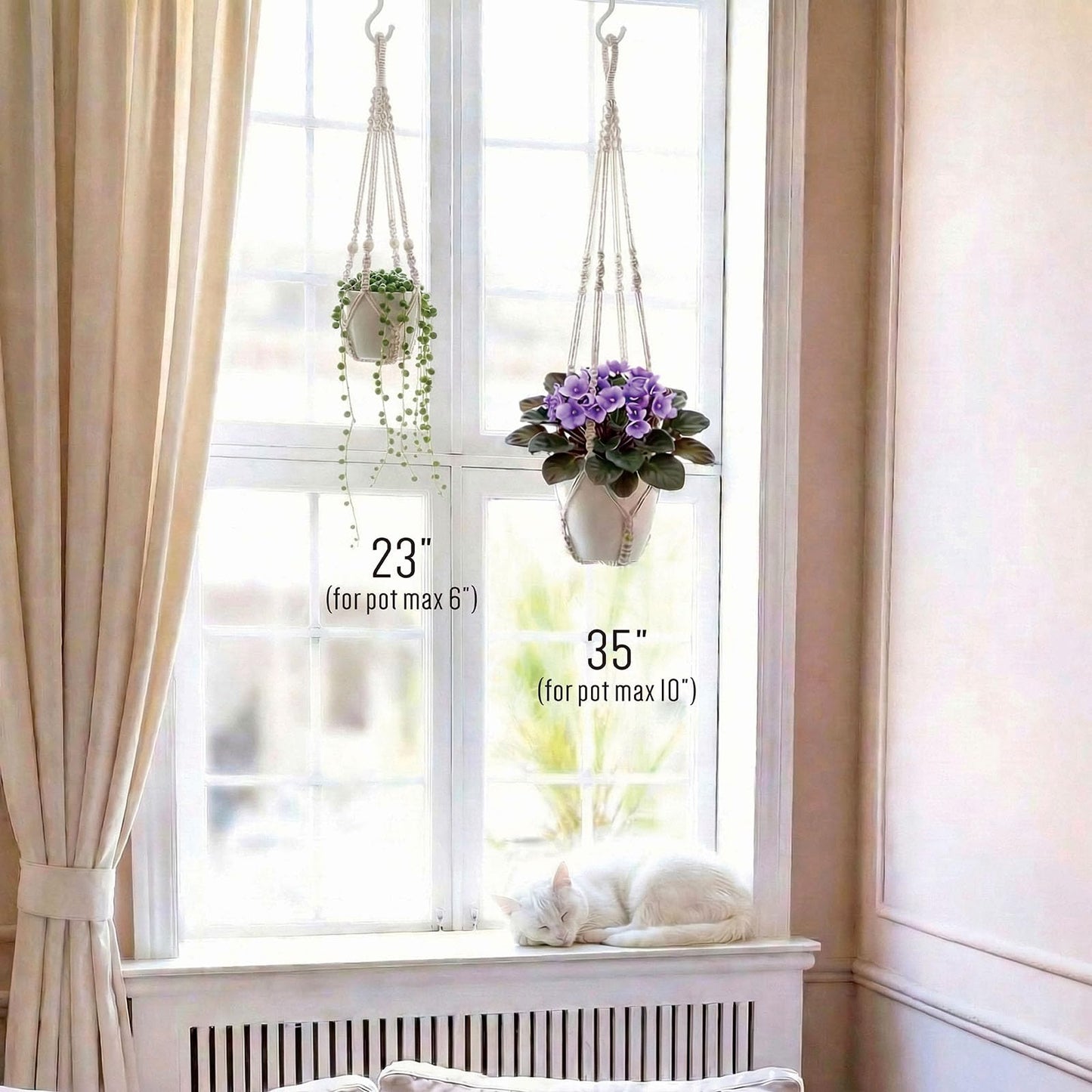 mivofo Macrame Plant Hanger 23", Set of 2 No Tassel Hanging Plant Holder Indoor, Sturdy Flower Pot Holder with 4 Hooks - Ivory (Pot NOT Included)