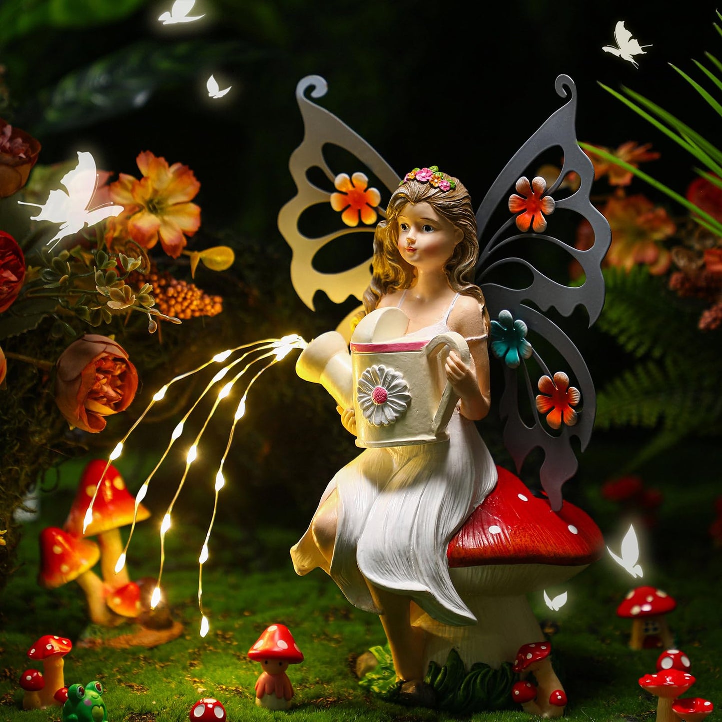 Cinnvoice 9. 8'' H Fairies Garden Figurines Garden Accessories Butterfly Wing Fairy Figurine Mushroom Decor Solar Luminous Watering Can Resin Statue for Outdoor Indoor Patio Yard Home Decorations