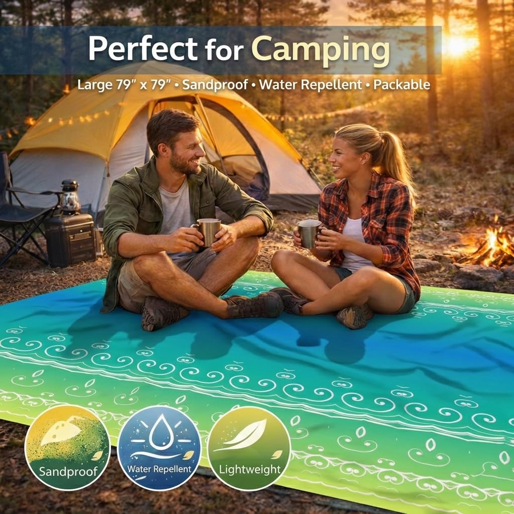 HZJOYUE Oversized Beach Blanket (79" x 79") - Sandproof & Waterproof Outdoor Picnic Mat for 4-7 Adults - Lightweight, Foldable & Portable Ground Cover for Travel, Camping, Festivals