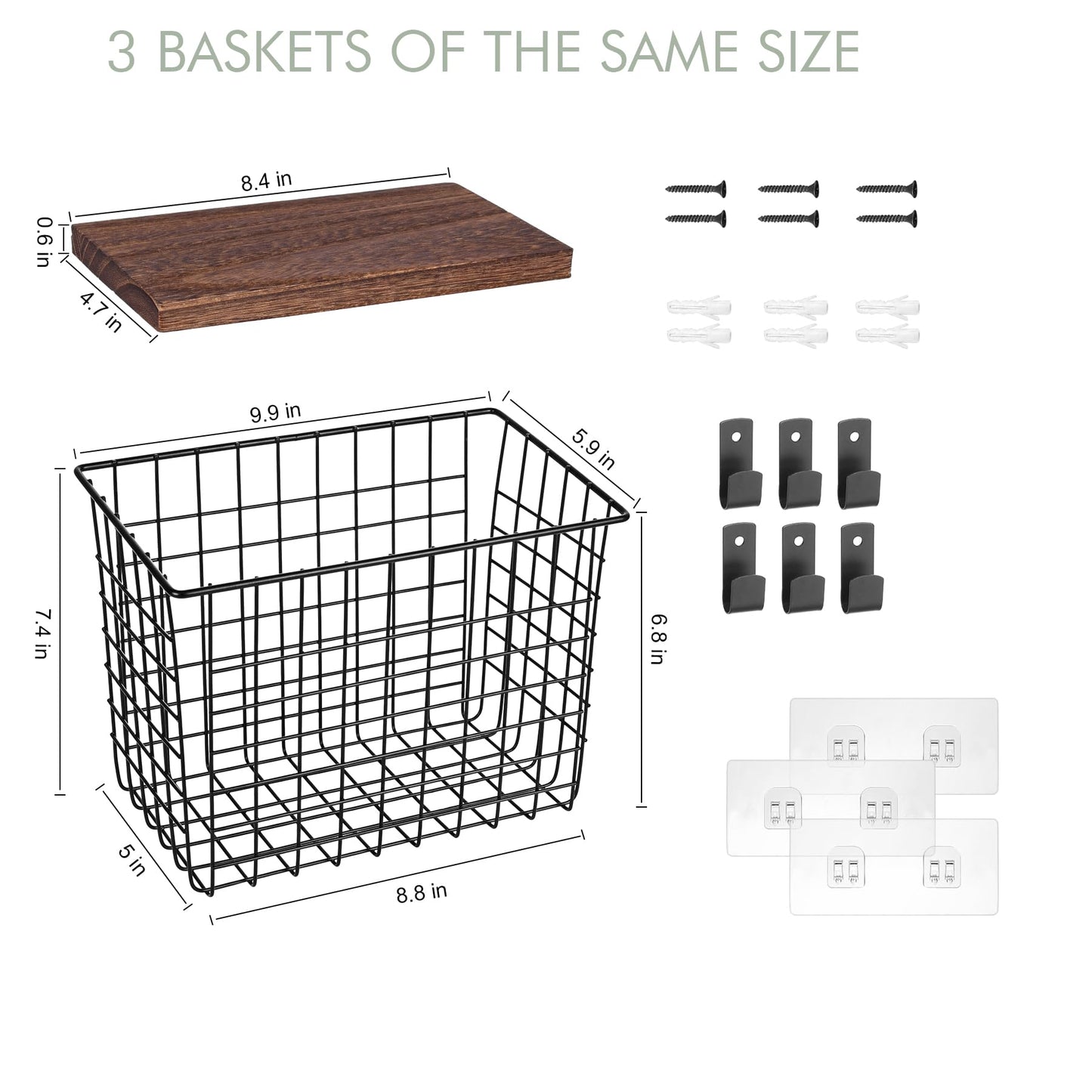 Wall Hanging Baskets 3 Pack, Diversified Wire Basket Shelves of Wooden Style, with Wall Mounted Hooks & Traceless Stickers, for Kitchen Coffee Bar Office Room Garage Storage Organization (Large)