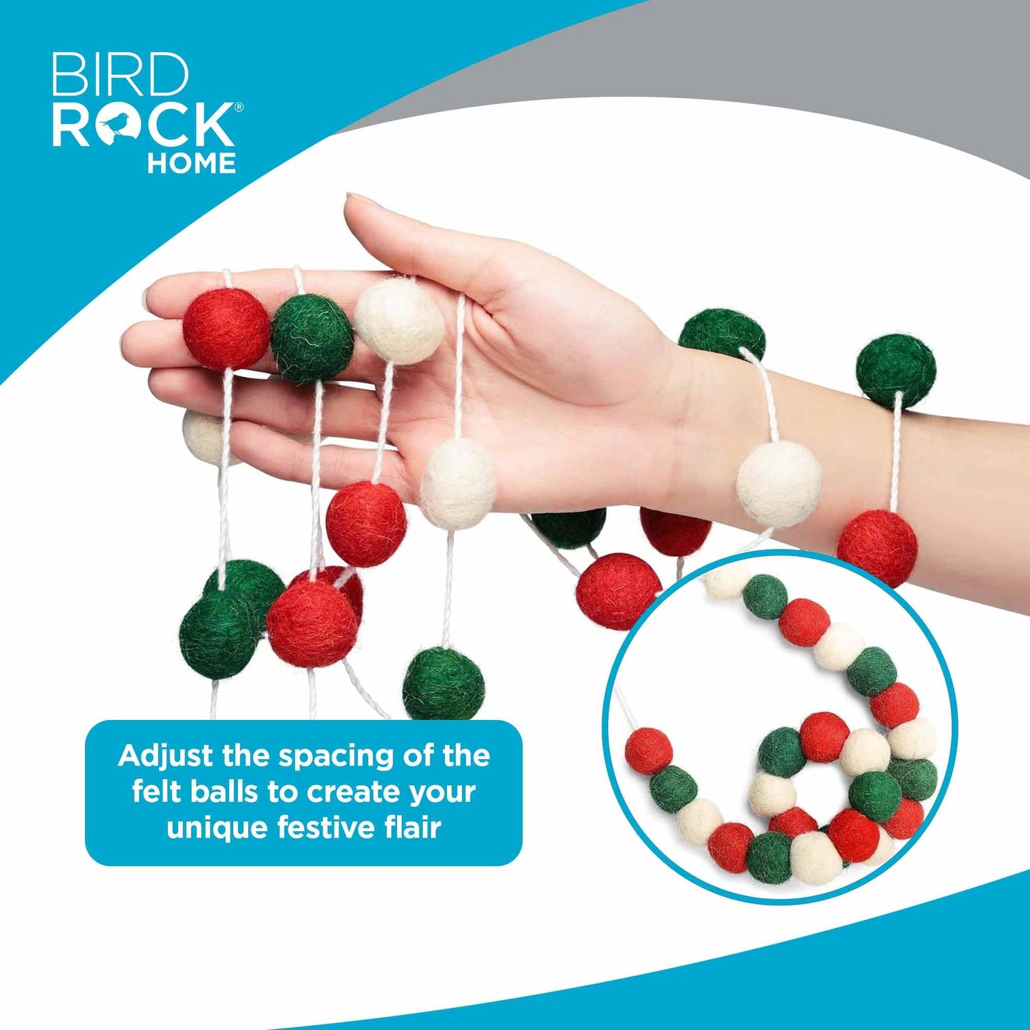 BIRDROCK HOME 3-Pack Felt Garland | 6.5ft or 78in Long Christmas Decoration with 24 Pom Pom Balls in Red, White & Green. Ideal for Trees, Fireplace Mantels, Stairs, Walls & Festive Holiday Decor Ideas