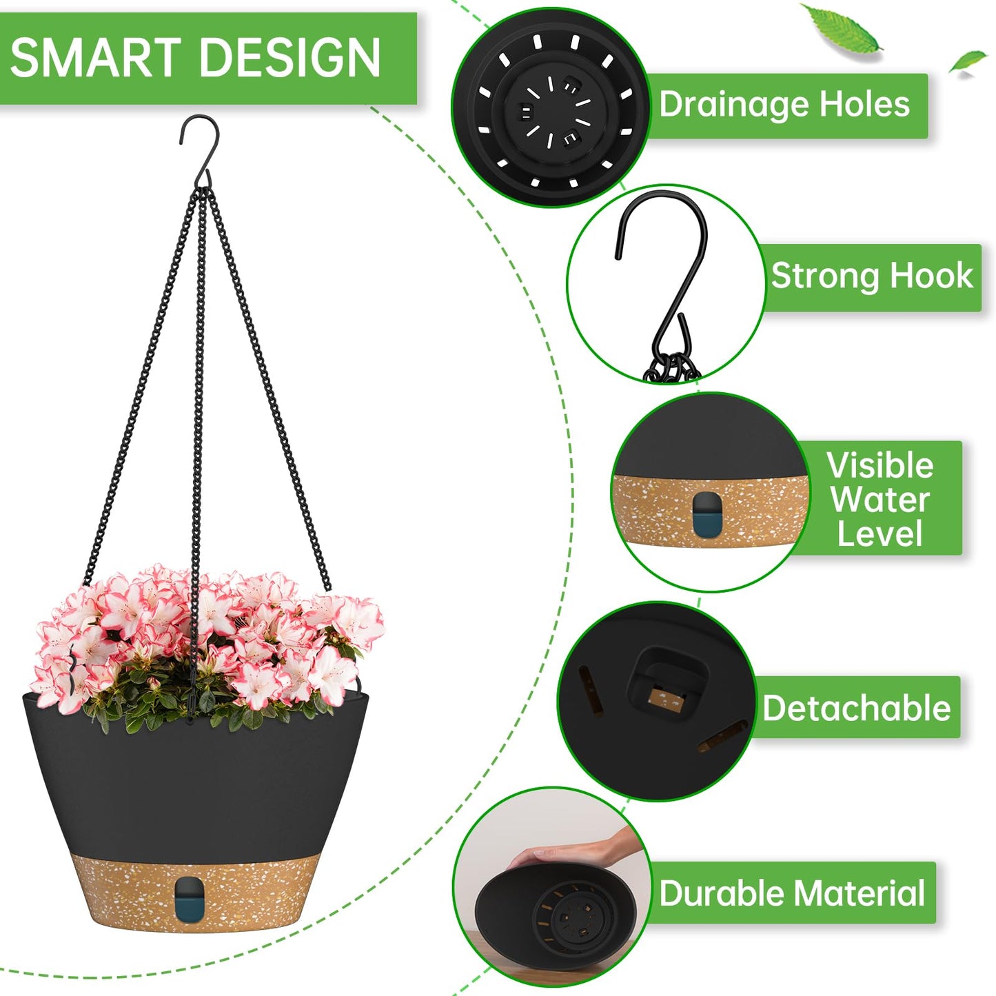 ZMTECH 2 Pack 8 Inch Hanging Planters for Indoor Plants, Modern Gray Hanging Planter with Visible Water Level Window & Removable Tray, Decorative Plant Hanger Indoor for Home Decor