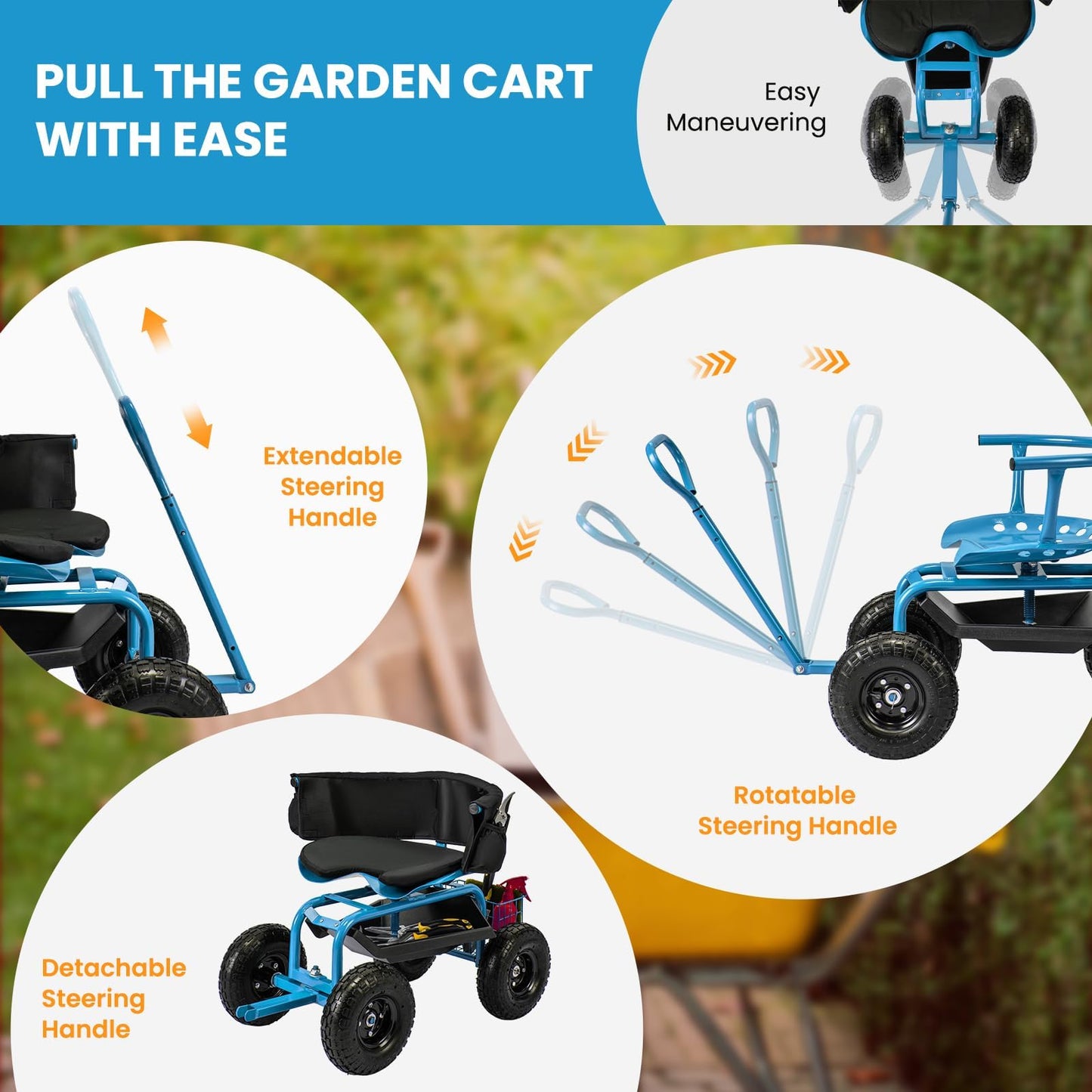 ERGOMASTER Rolling Garden Seat with Wheels, Adjustable 360° Swivel Workseat and Storage Basket, Extendable Handle, Outdoor Gardening Wagon Scooter, Blue