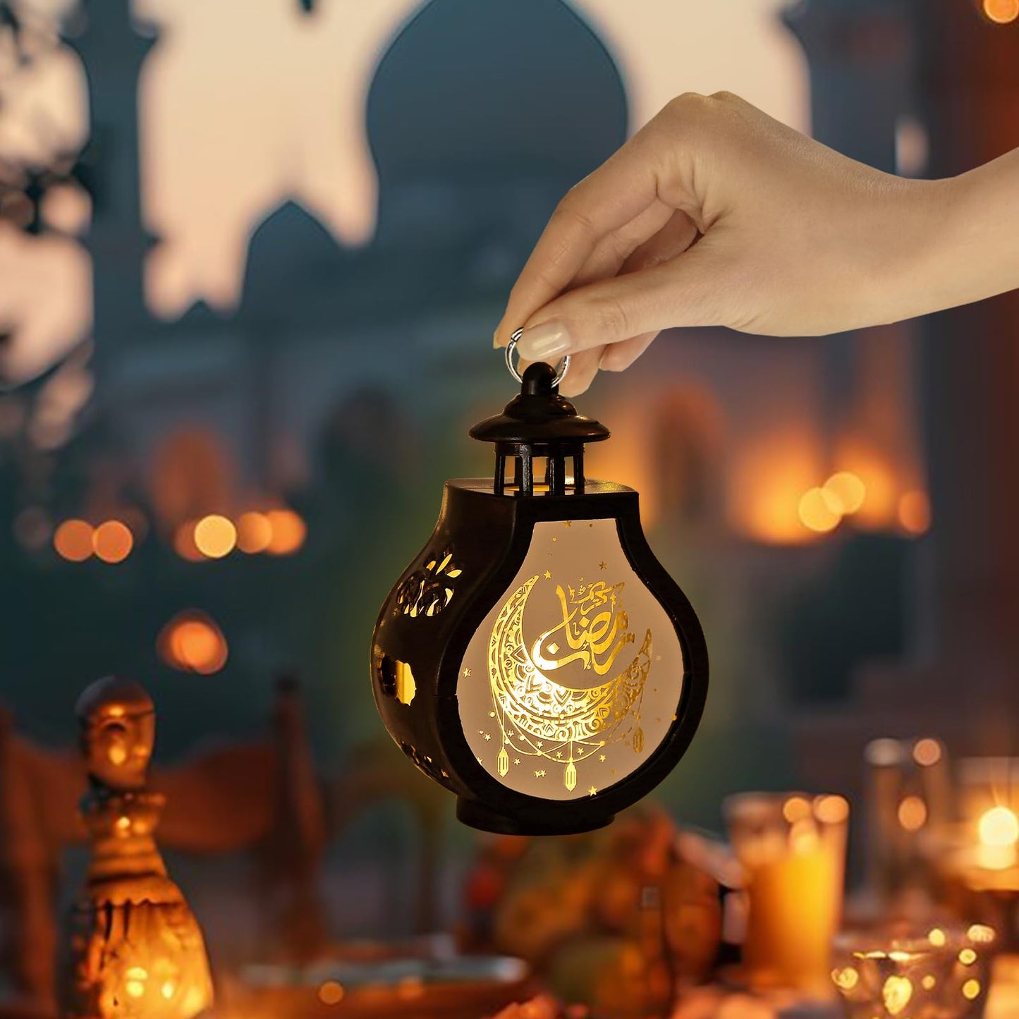 ALIBBON 2 Pcs Ramadan Lantern Mini Black Candle Lantern Decorative Hanging Lantern Eid Mubarak Lantern Moon Star Lantern Ramadan Decorations for Home Indoor Outdoor Ramadan Table Decor
