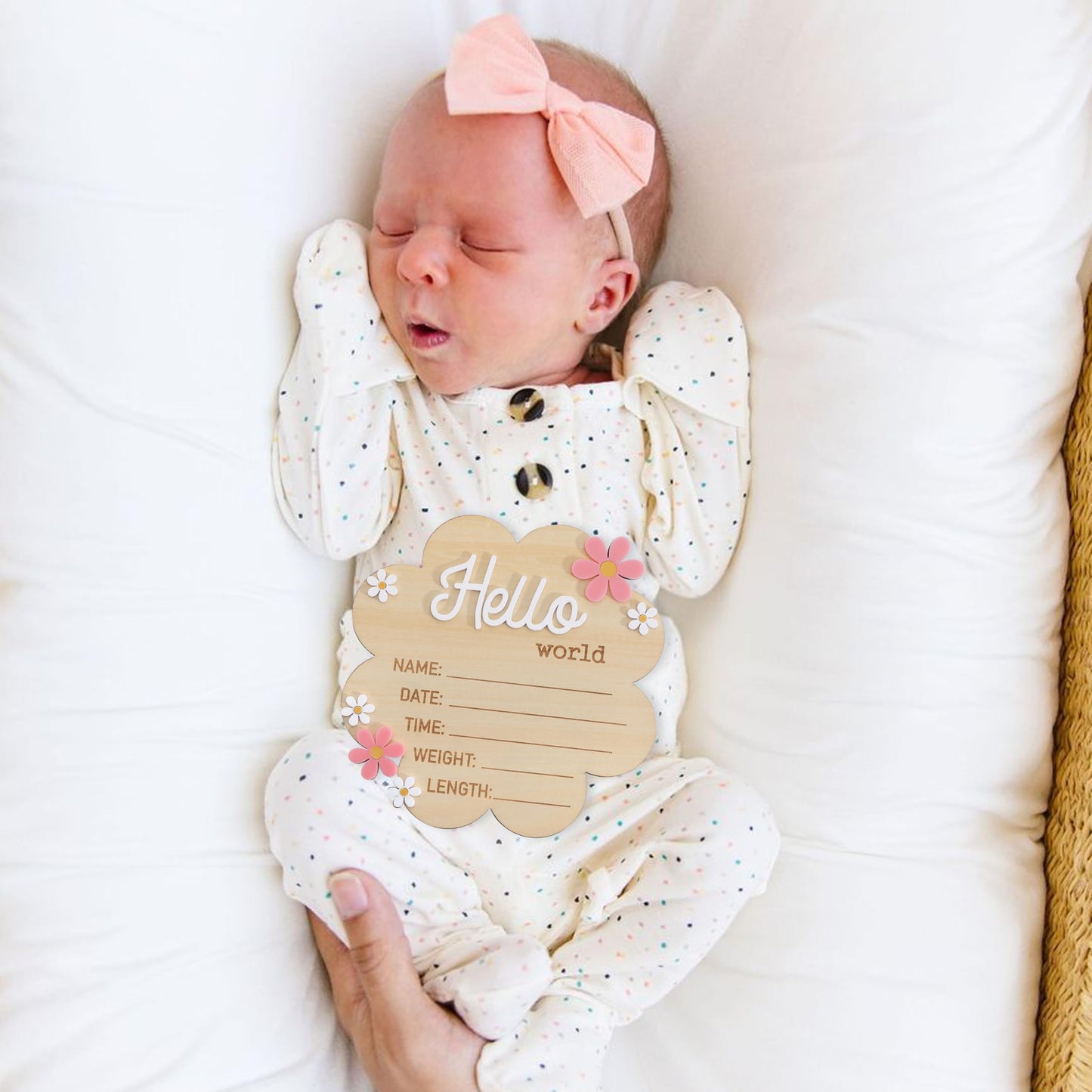 Hello World Newborn Sign - Wooden Baby Name Announcement Board, Daisy Design, Gender Neutral Nursery & Hospital Photo Props Keepsake Gift