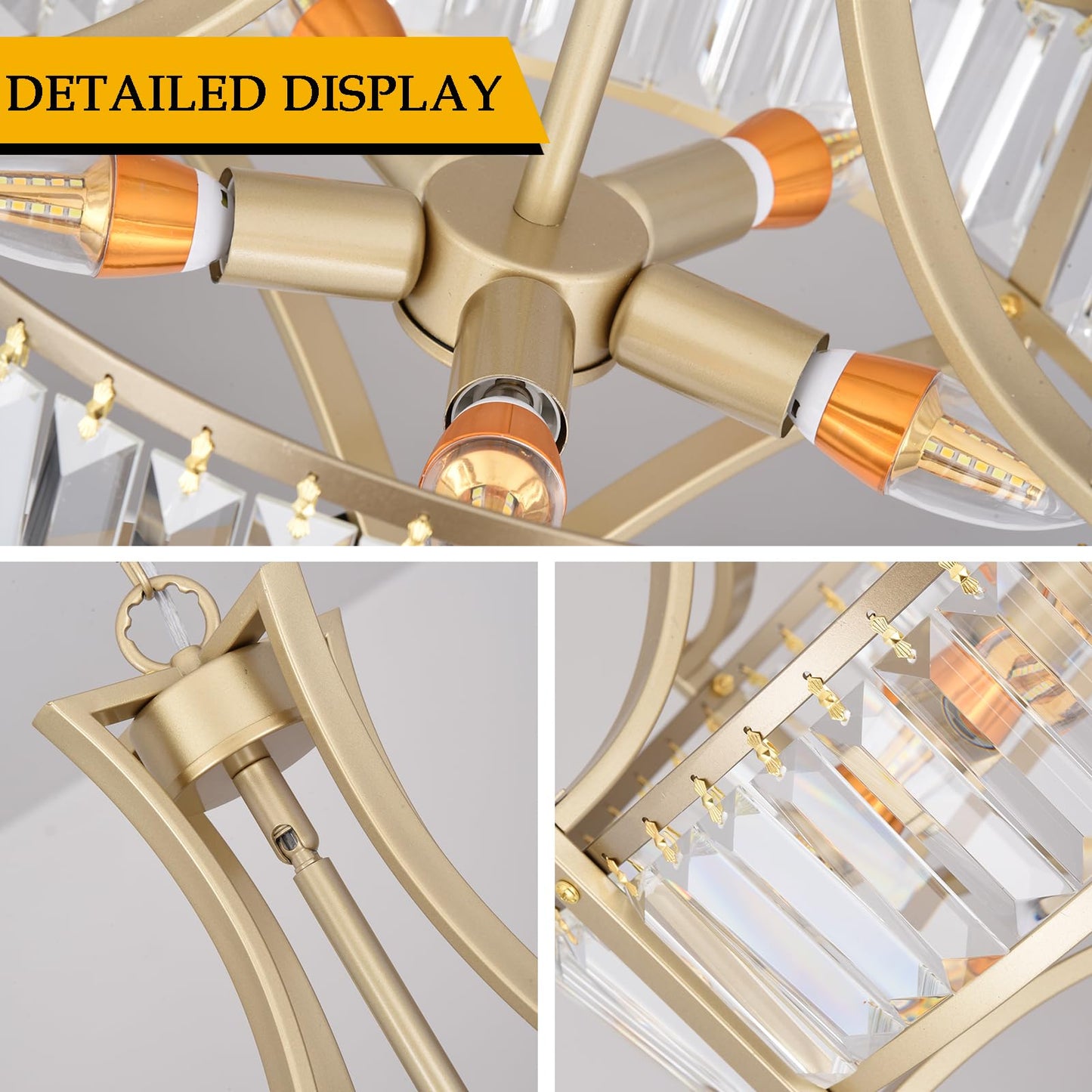 Kaniker 5-Light Crystal Chandelier Ceiling Light Fixture with Adjustable Height, Gold Drum Pendant Light for Dining Room Light Fixture, Kitchen Island, Bedroom, Living Room, Elegant Modern Lighting